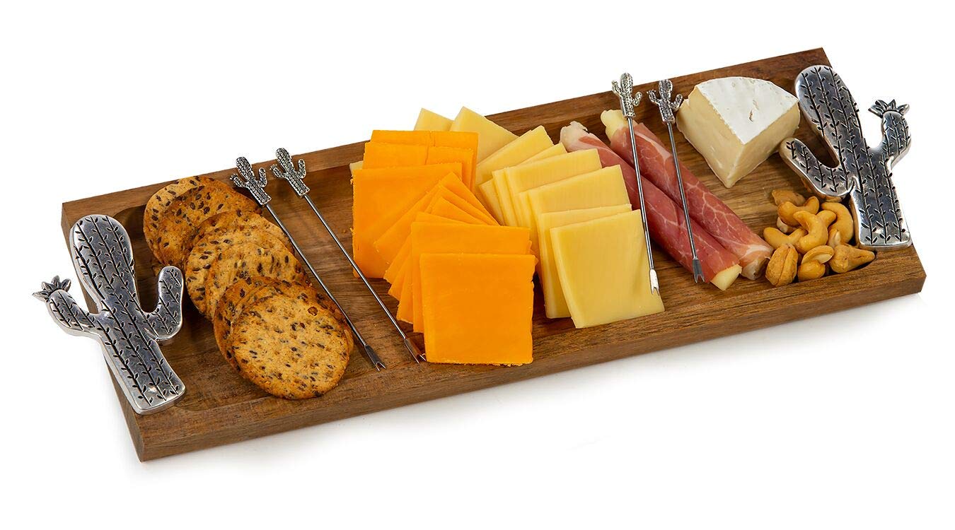Acacia Wood Serving Tray with 4 Matching Food Picks - Rustic Cactus Design Wooden Charcuterie Board for Cheese, Fruits & Appetizers - Perfect for Picnics, Parties & Home Entertaining