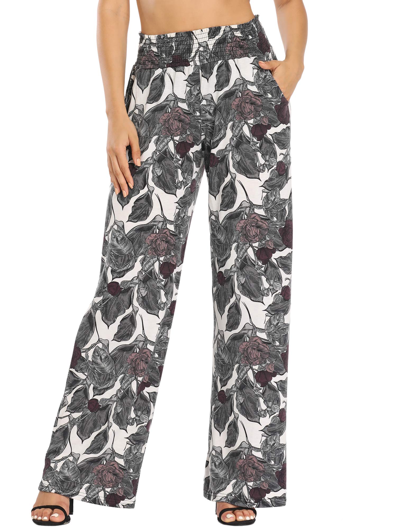 EEVASS Women's Boho Floral Print Wide Leg Palazzo Pants - Stretchy Lounge Pants for Casual Wear, Yoga, and Home Comfort - Perfect for Relaxation, Travel, and Everyday Style
