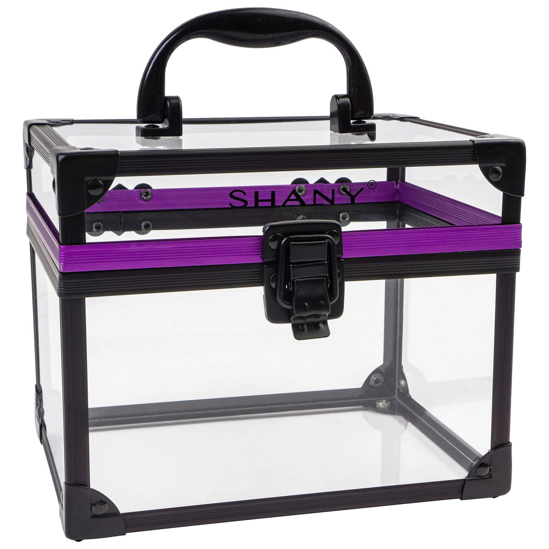 SHANY Clear Travel Makeup Bag Organizer - Large Clear Cosmetics & Toiletry Train Case with Secure Closure, Black/Purple Accents - Perfect for Travel, Gym, and Home Storage