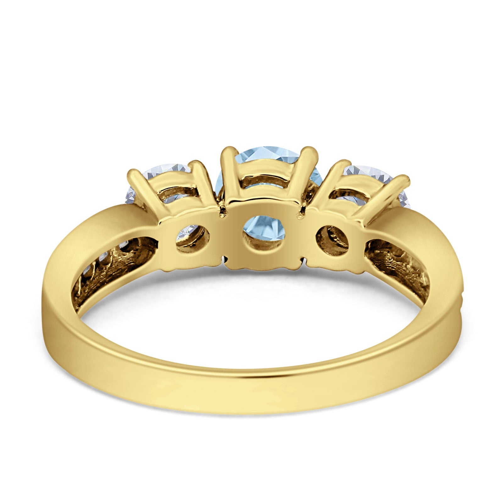 14K Yellow Gold Three Stone Round Natural Aquamarine Vintage Style Ring - Elegant Birthstone Jewelry for Women, Perfect for Anniversary, Engagement & Special Occasion Gifts