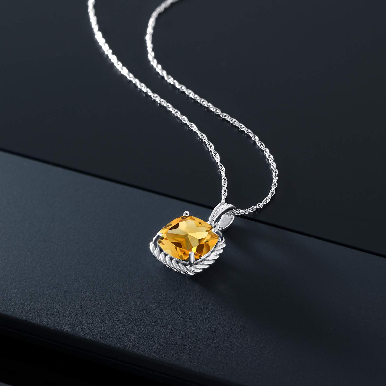 10K White Gold Cushion 8MM Gemstone Birthstone & Diamond Pendant Necklace for Women | 18 Inch Silver Chain | Elegant Gift for Birthday, Anniversary & Special Occasions