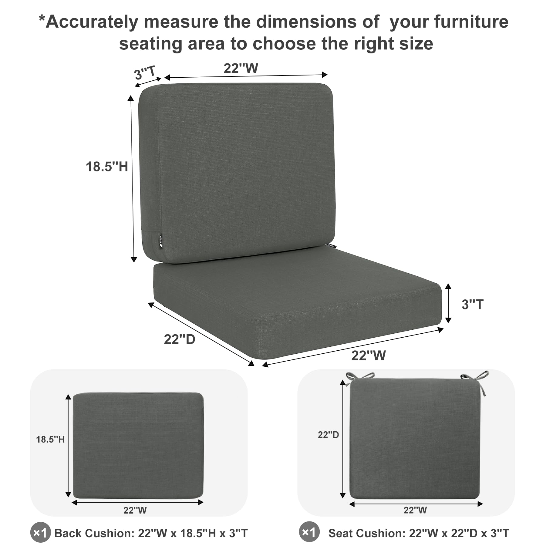 Favoyard 22x22 Inch Outdoor Deep Seat Cushion Set - Waterproof & Fade Resistant Patio Furniture Cushions with Removable Covers for Chair, Sofa, Couch - Perfect for Backyard, Deck, Poolside & Garden (Dark Grey)