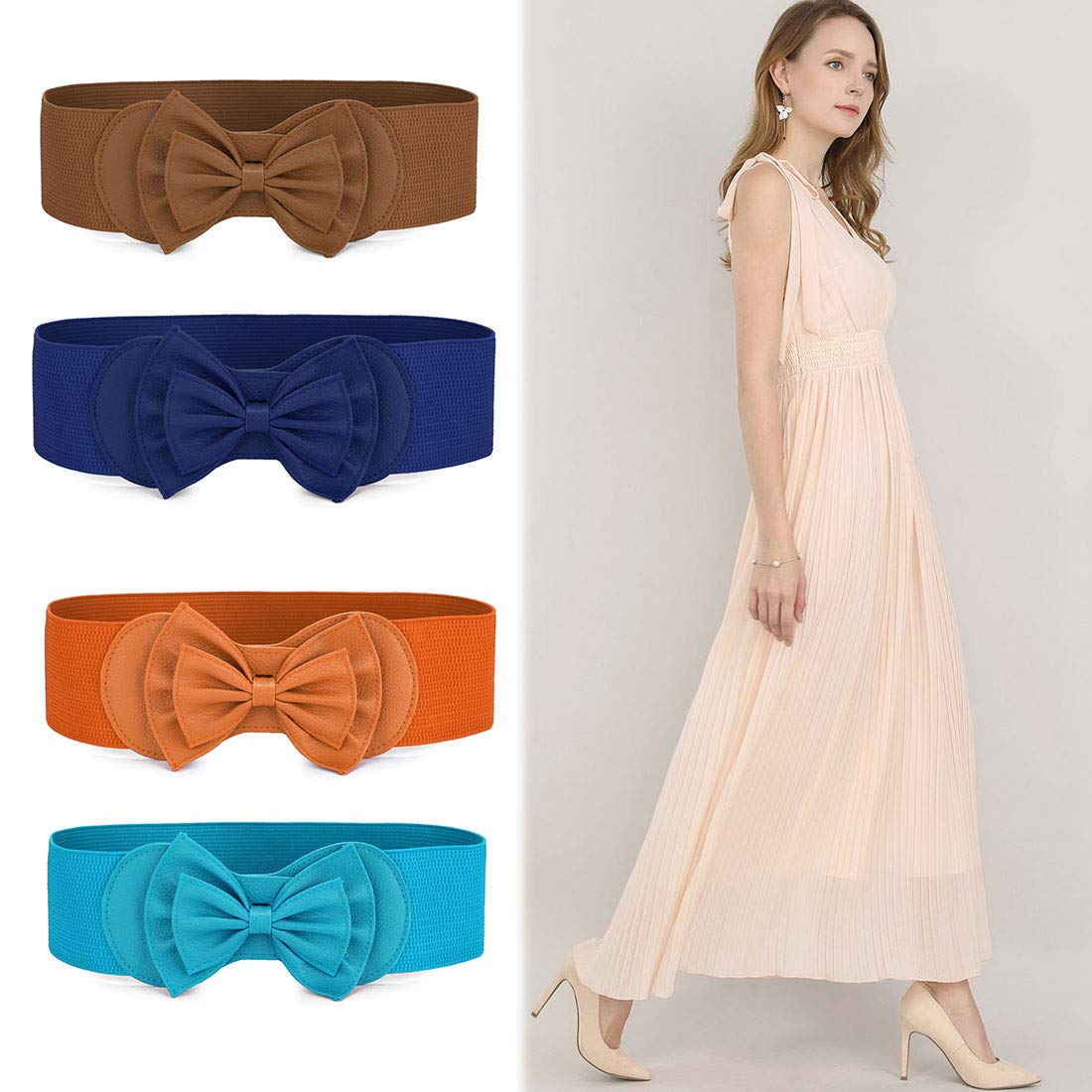 Allegra K Women's Bow Tie Decorated Elastic Waist Belt with Snap Buttons - Perfect for Dresses, Skirts & Casual Outfits