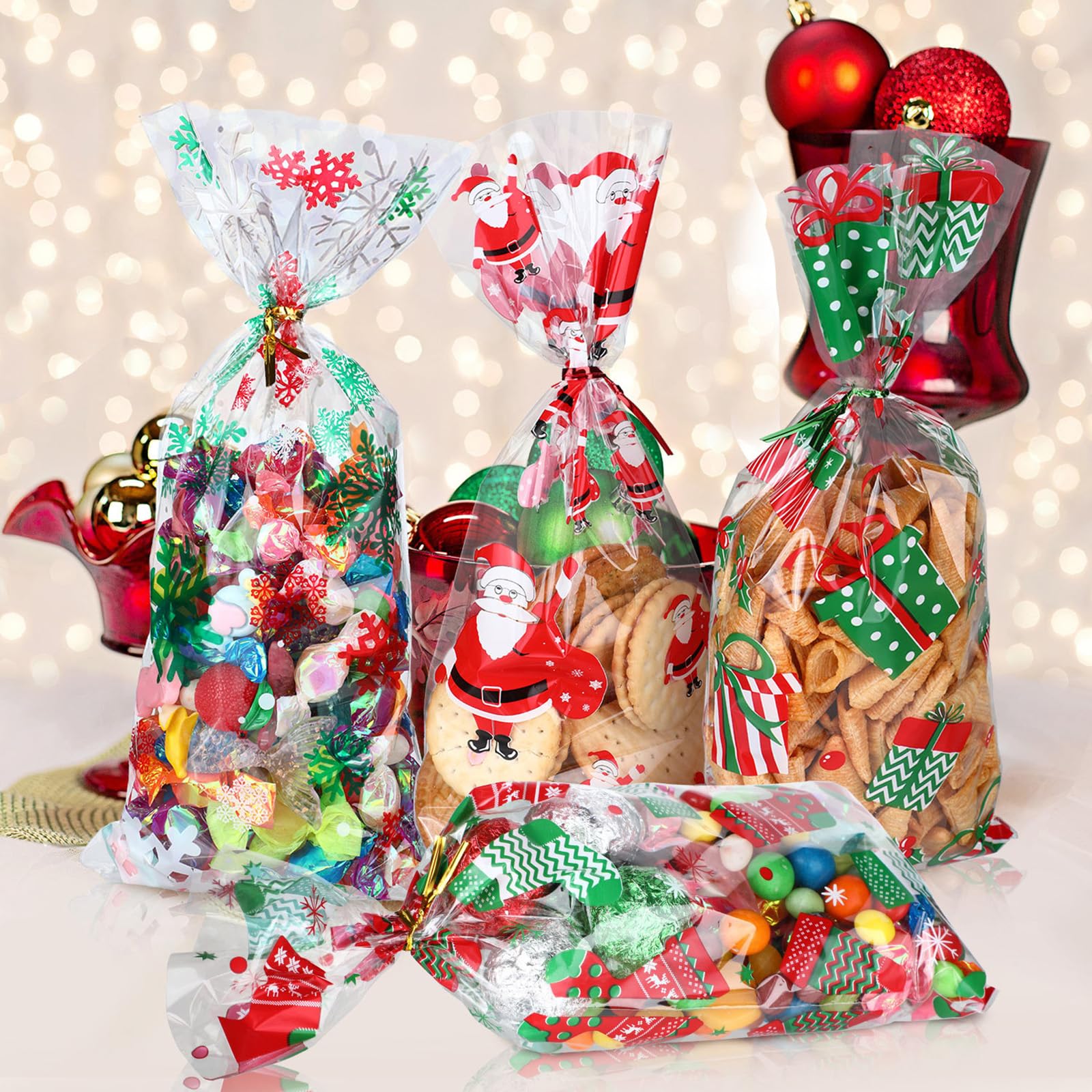 200 Pcs Christmas Cellophane Bags with 300 Twist Ties - 4 Styles for Holiday Candy, Cookies & Party Favors - Perfect for Christmas Treats, Gift Wrapping & Themed Party Supplies