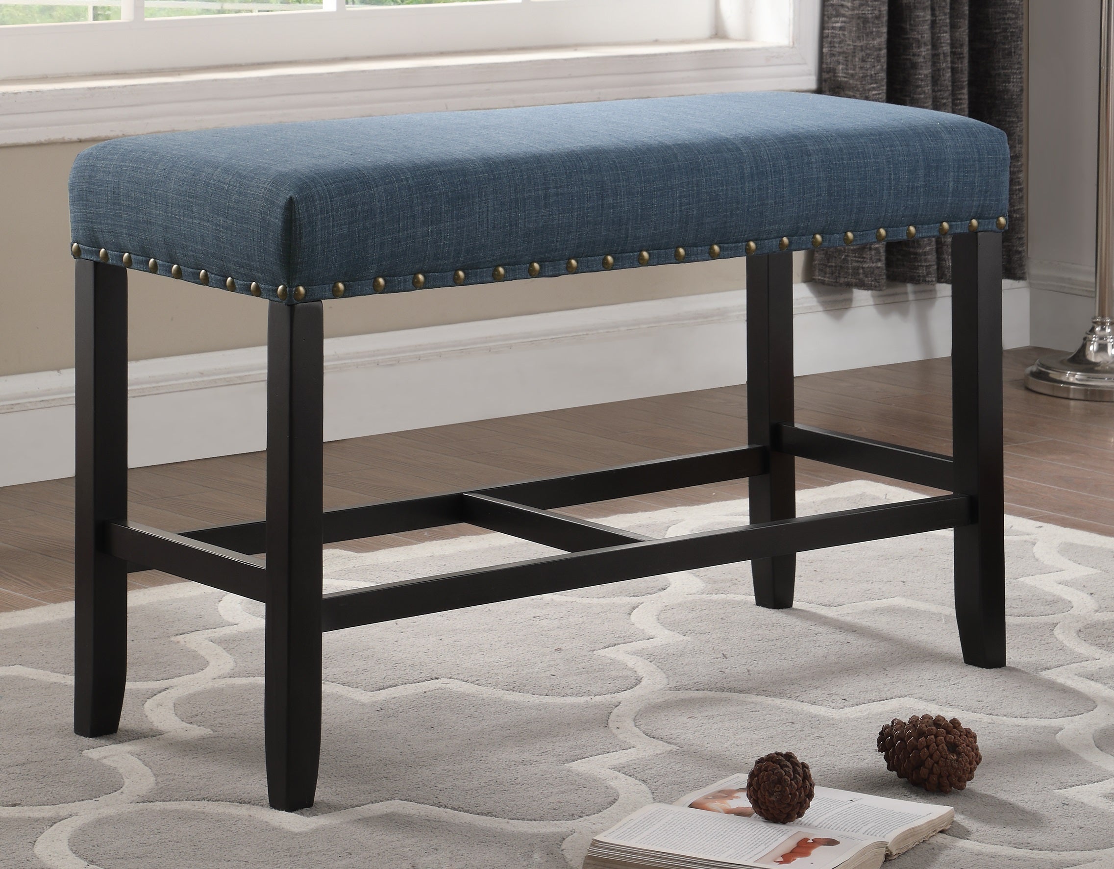 Roundhill Furniture Biony Fabric Counter Height Dining Bench with Nailhead Trim - Blue Upholstered Bar Stool for Kitchen Island, Breakfast Nook & Small Space Dining
