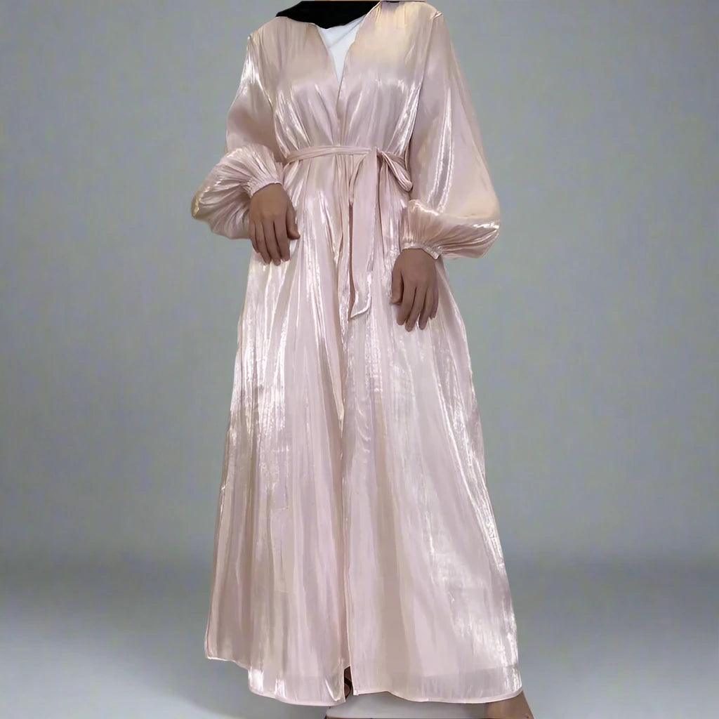 Elegant Satin Open Abaya Dress for Muslim Women - Soft Silk-Like Fabric, Modest Prayer Dress for Eid, Ramadan & Special Occasions