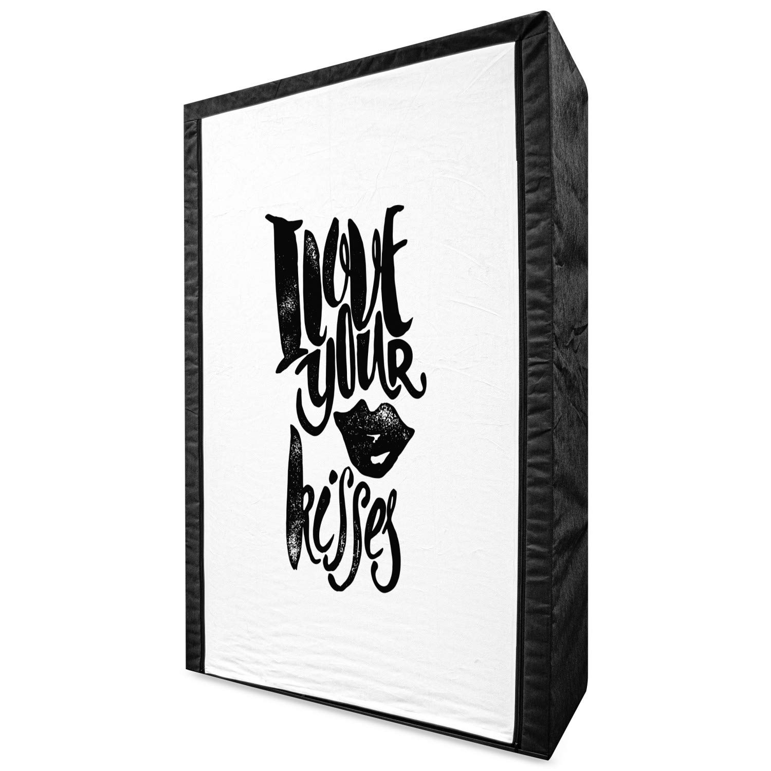 Ambesonne Romantic Portable Fabric Wardrobe - Black & White Clothing Organizer with Shelves, 42.5 Inch Storage Closet for Bedroom, Dorm & Apartment | Grunge Style 'I Love Your Kisses' Design with Smiling Woman & Lipstick Mark