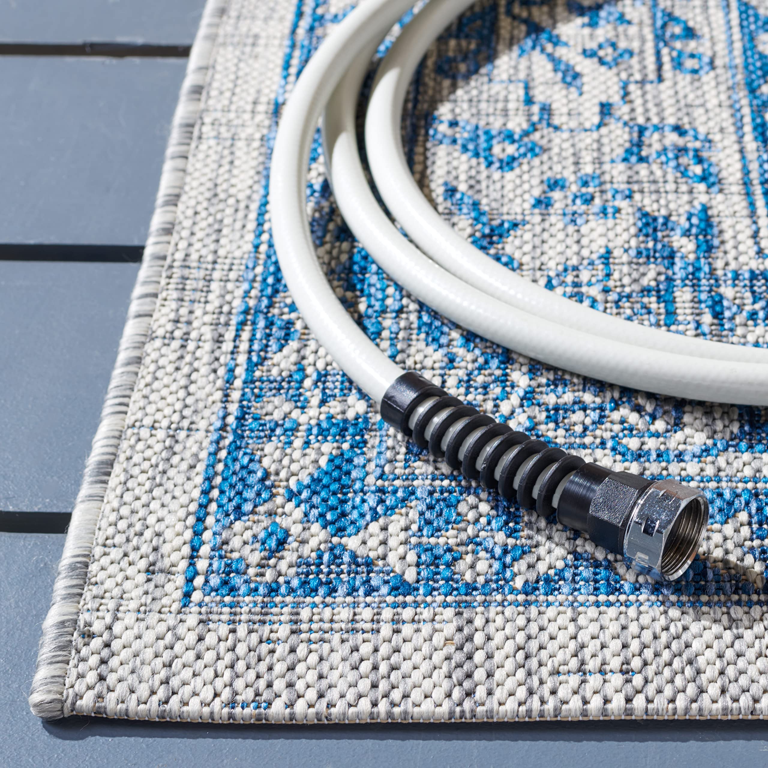 SAFAVIEH Courtyard Collection 8' x 11' Grey/Navy Indoor Outdoor Waterproof Area Rug - Easy to Clean, Perfect for Patio, Backyard, Mudroom & High Traffic Areas (Model CY8679)