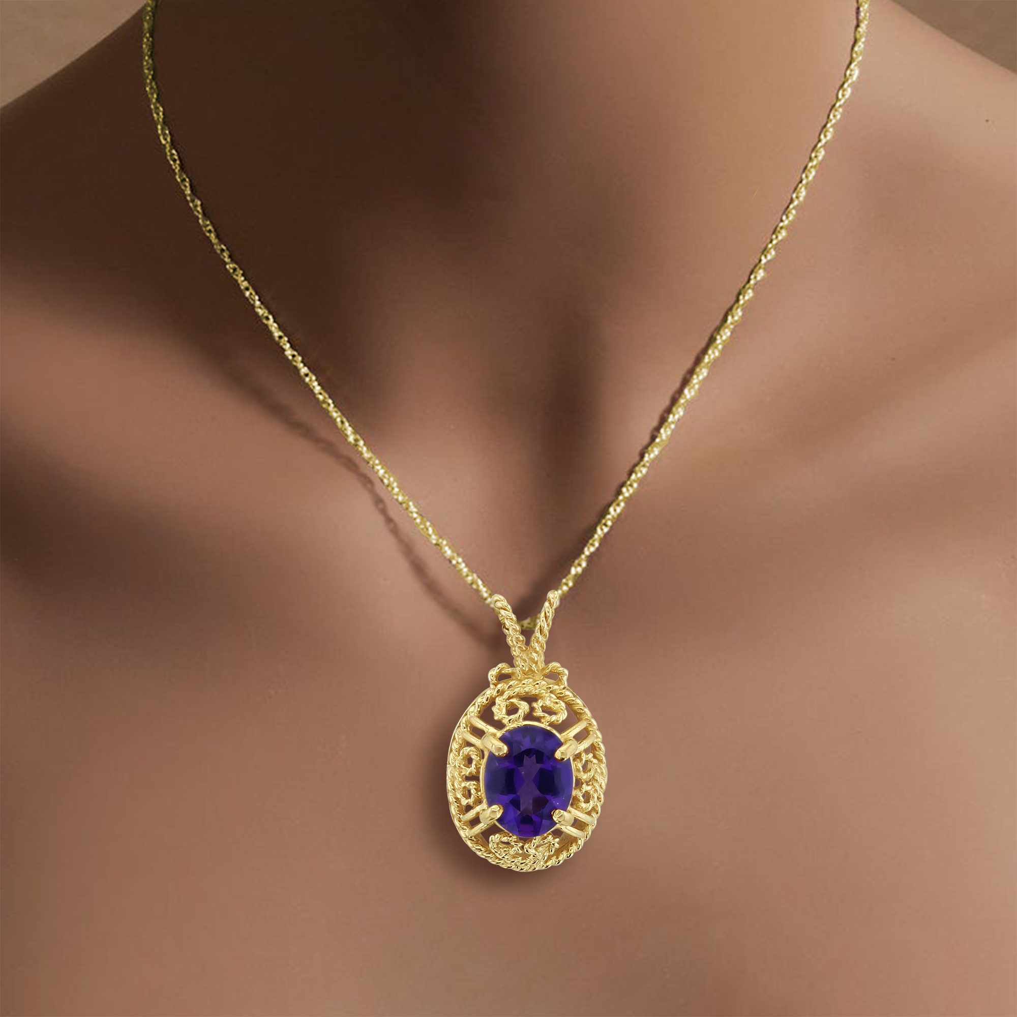 14K Yellow Gold Amethyst Vintage Bezel Necklace – Elegant Jewelry for Women, Perfect for Weddings, Parties & Special Occasions