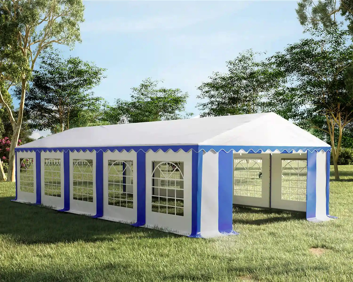 16' x 32' Heavy Duty Party Tent - Waterproof Outdoor Canopy with Sturdy Frame for Weddings, BBQs & Events - Stripe Blue & White Design - Perfect for Backyard Parties, Camping & Commercial Use