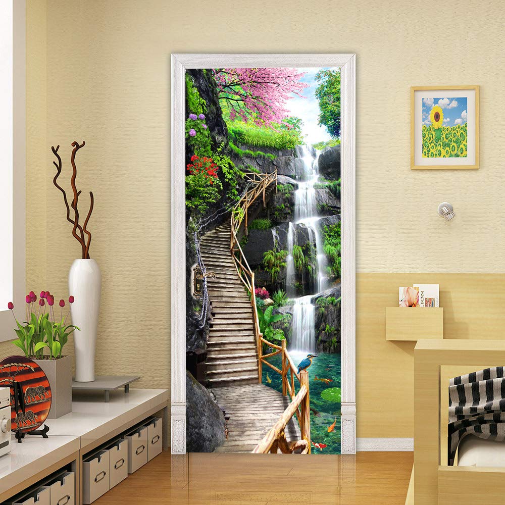 Eco-Friendly 3D Landscape Staircase Door Decals - Self-Adhesive Wall Stickers for Bedroom Decor, Home Renovation - 30.3×78.8 Inch Peel & Stick Murals - Perfect for Nursery, Living Room & Office Wall Art
