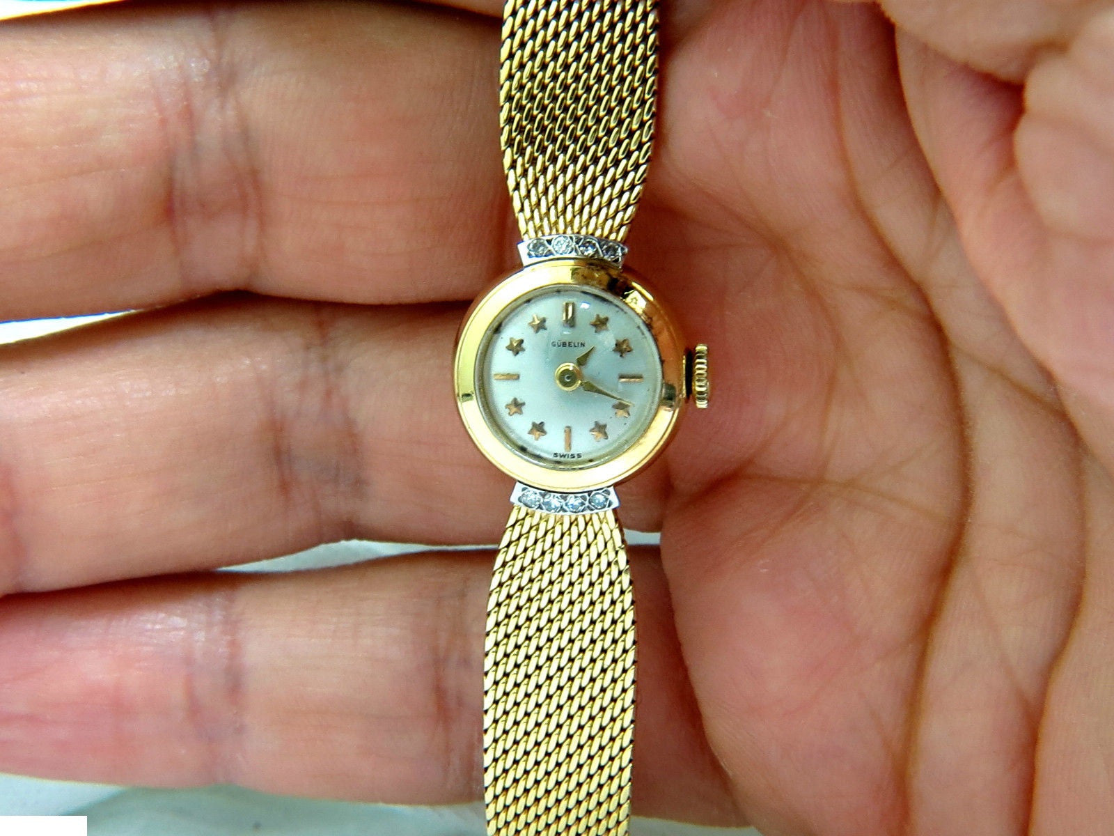 Estate Petite 18K Gold Gubelin Swiss Ladies Watch - Mesh Band & Star Bar Dial - Elegant Timepiece for Women's Formal Events & Luxury Gifts