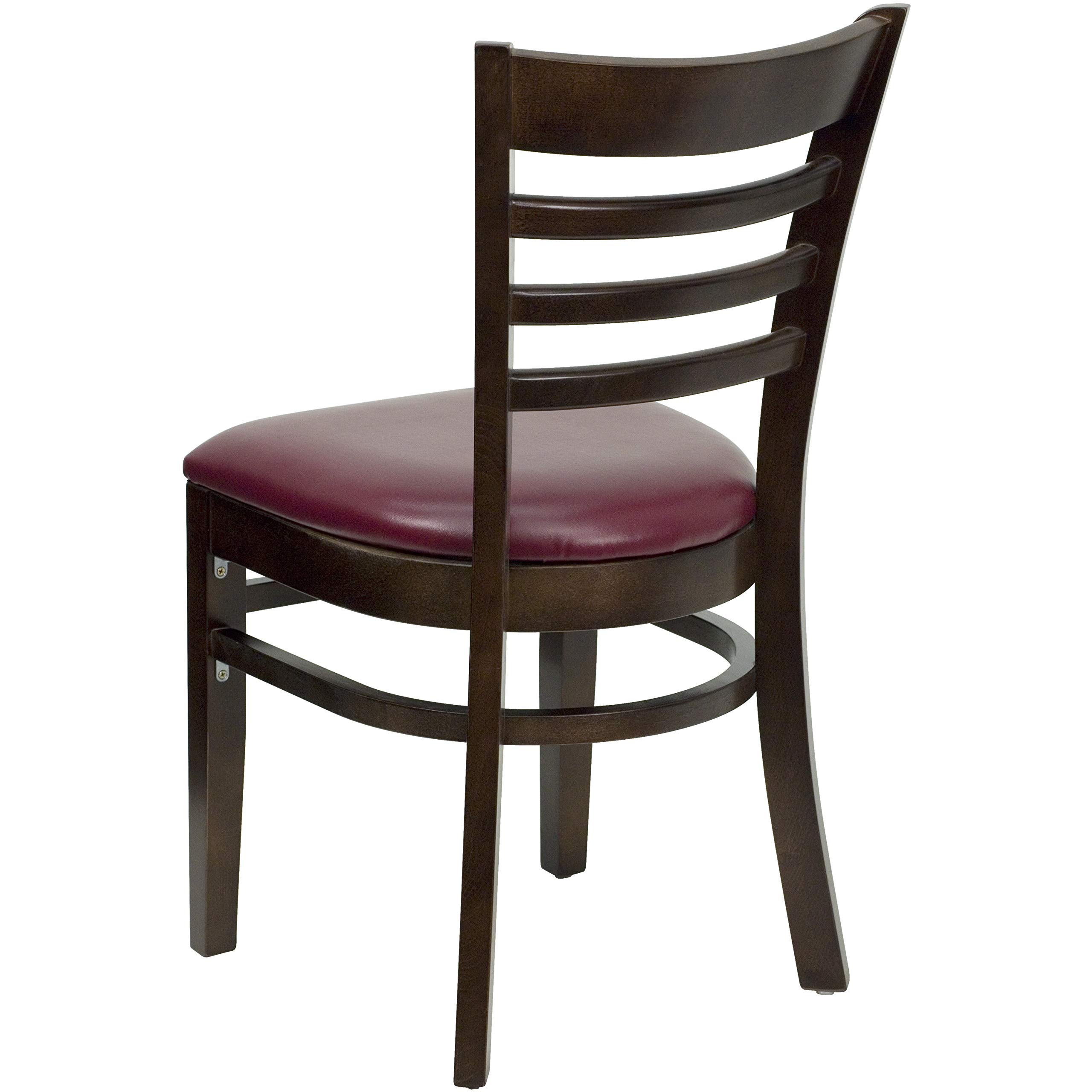 2 Pack Walnut Wood Ladder Back Dining Chairs with Burgundy Vinyl Upholstered Seats - Sturdy Restaurant Chairs for Home Kitchen, Cafe, Bistro & Dining Room