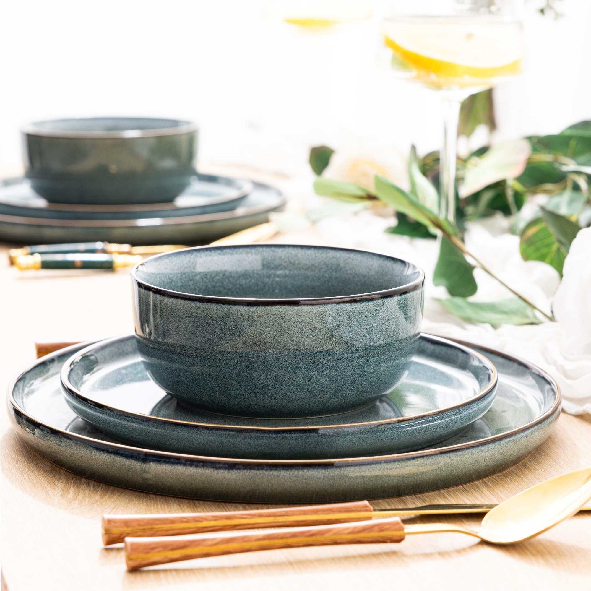 GBHOME 18-Piece Ceramic Dinnerware Set for 6, Stoneware Plates & Bowls - Scratch Resistant, Dishwasher & Microwave Safe - Space Blue - Perfect for Family Dinners, Restaurants, and Everyday Use