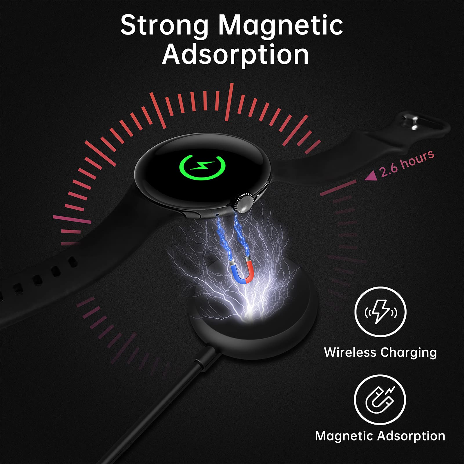 Google Pixel Watch Charger - 3.2Ft Magnetic USB Charging Cable & Stand | Fast Charging Cord for Pixel Watch | Perfect for Home, Office & Travel Use