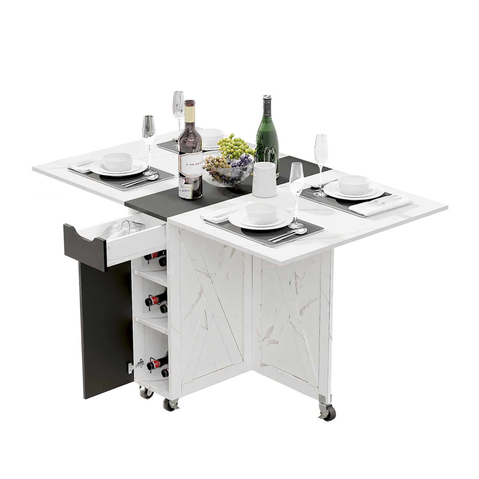 Space Saving Folding Dining Table with Drawer & Storage Shelves - 6-Wheel Rolling Kitchen Table for Small Apartments, Dorms, RVs (Black) | Compact Dining Solution for Tiny Homes & Studio Apartments