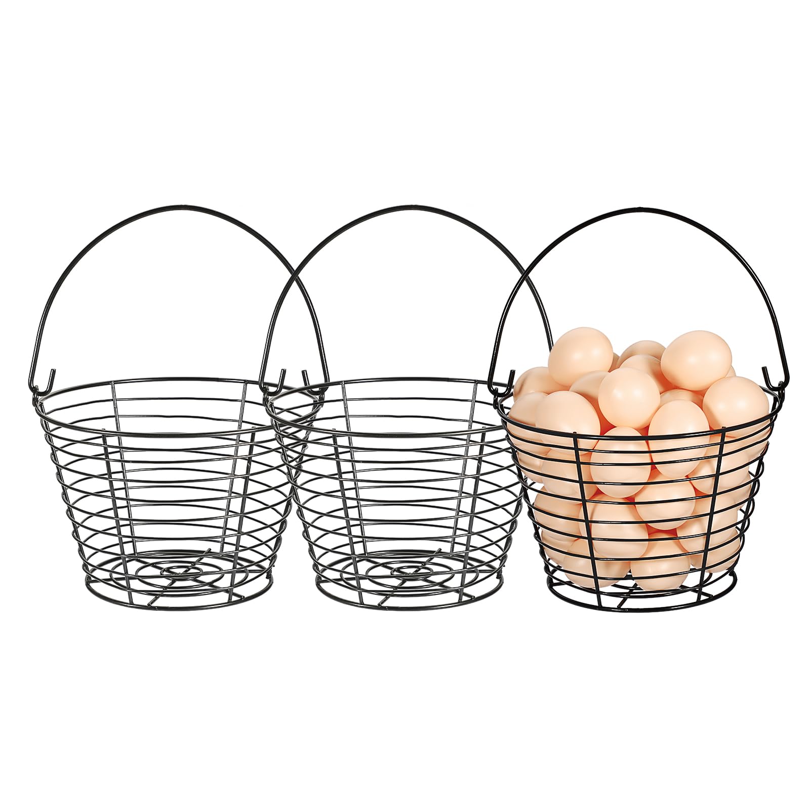 3-Pack 8-Inch Black Round Wire Egg Baskets with Handle - Small Metal Egg Collecting Basket for Chicken & Duck Eggs - Rustic Farmhouse Egg Holder for Kitchen Countertop, Farm, or Farmers Market Display