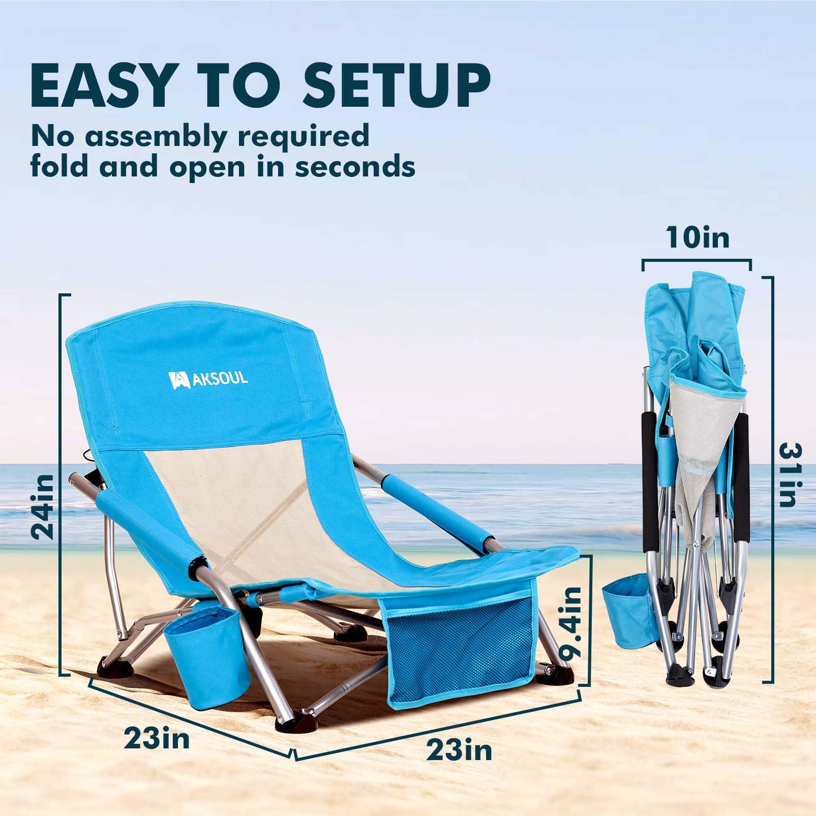 AKSOUL Folding Beach Chair for Adults - Portable High/Low Back Camping Chair with Carry Bag, Extra Wide Seat & Comfortable Pillow - Perfect for Beach, Picnic, Backyard, Travel and Outdoor Activities (Blue, 1 Pack & 2 Pack Options)