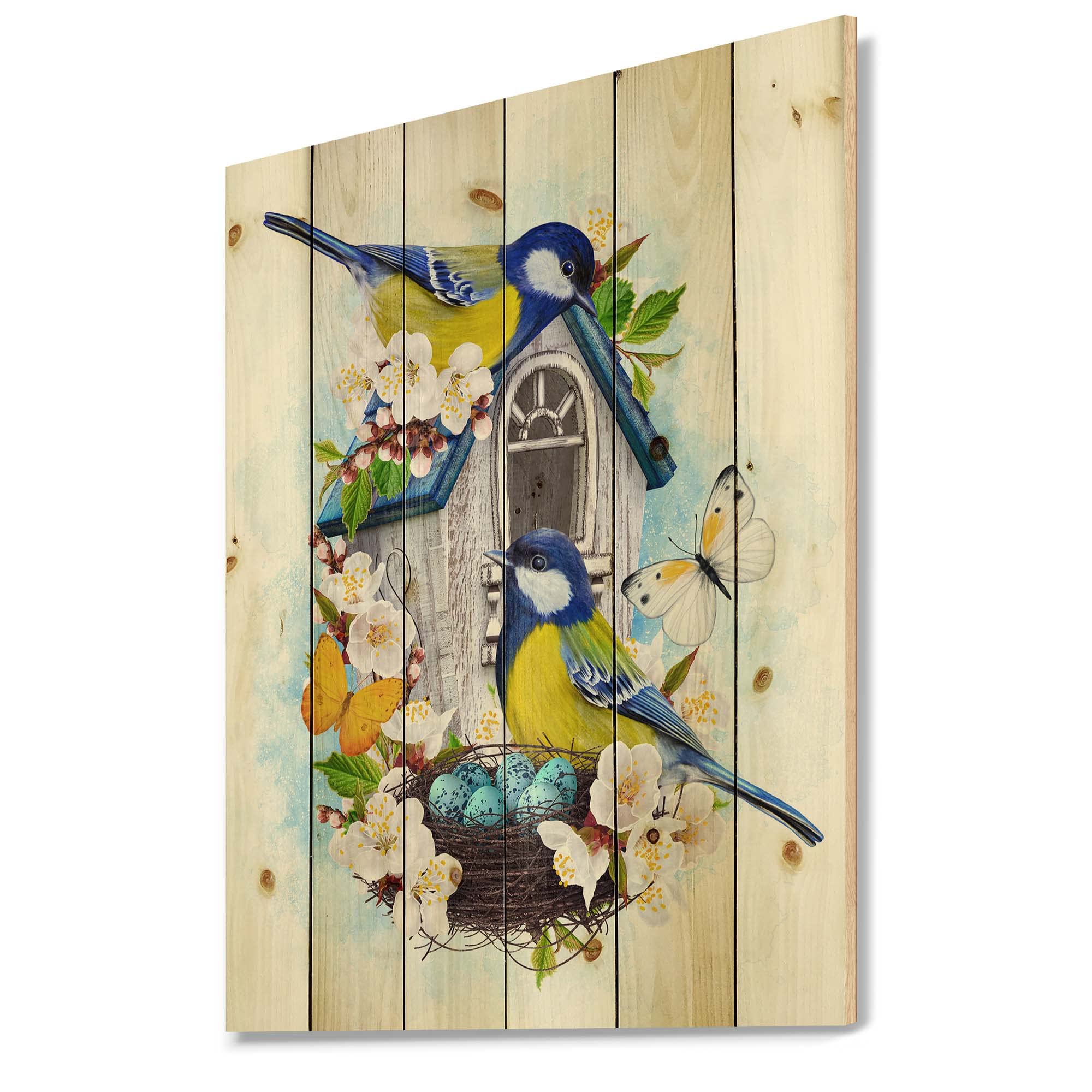 Two Tit Birds Nest Wall Art - Traditional Blue Wood Decor for Home