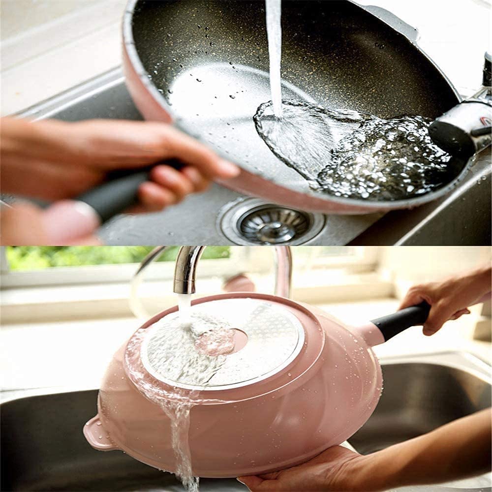 Non-Stick Sauté Pan with Lid - 32cm Stainless Steel Wok for Induction & Gas Hobs - Large Frying Pan with Cover - Perfect for Stir-Frying, Sautéing & Cooking Asian Dishes - Pink Kitchenware