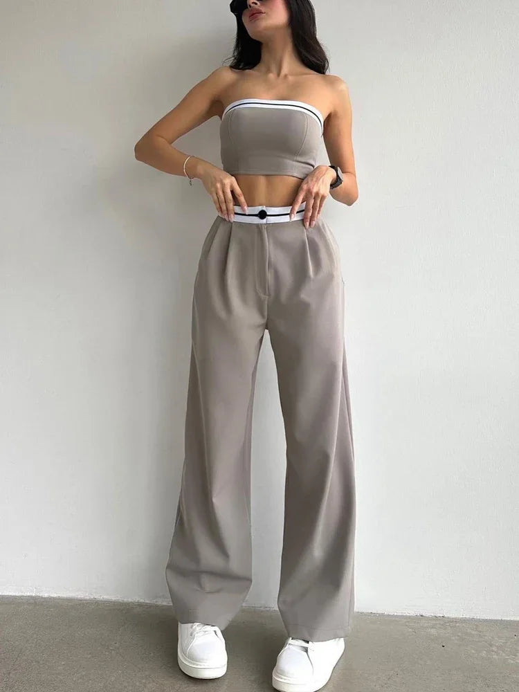 Black Women's Tracksuit Set - Sexy Boob Tube Top with Slash Neck & Contrast Color Wide Leg Pants | 2-Piece Outfit for Gym, Streetwear & Casual Fashion