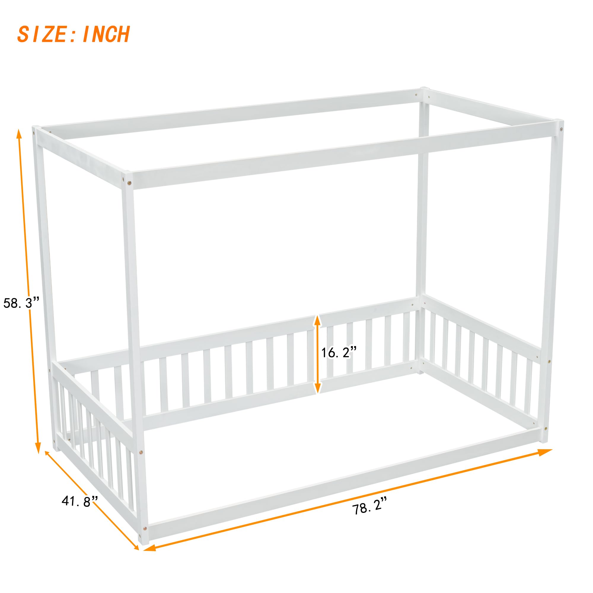 Twin Size Canopy Bed Frame with Guardrails for Kids - Wooden Four Poster Montessori Floor Bed for Girls & Boys (White) - Perfect for Bedrooms, Playrooms & Montessori Learning Spaces