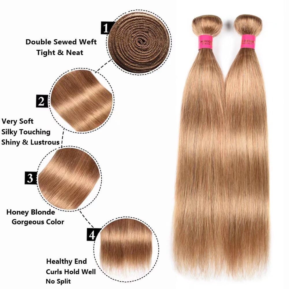 FEEL ME Honey Blonde Brazilian Hair 3 Bundles - Unprocessed Virgin Straight Human Hair Extensions 8A Grade - Color #27 (10 12 14 Inch) - Perfect for Daily Styling, Parties & Special Occasions