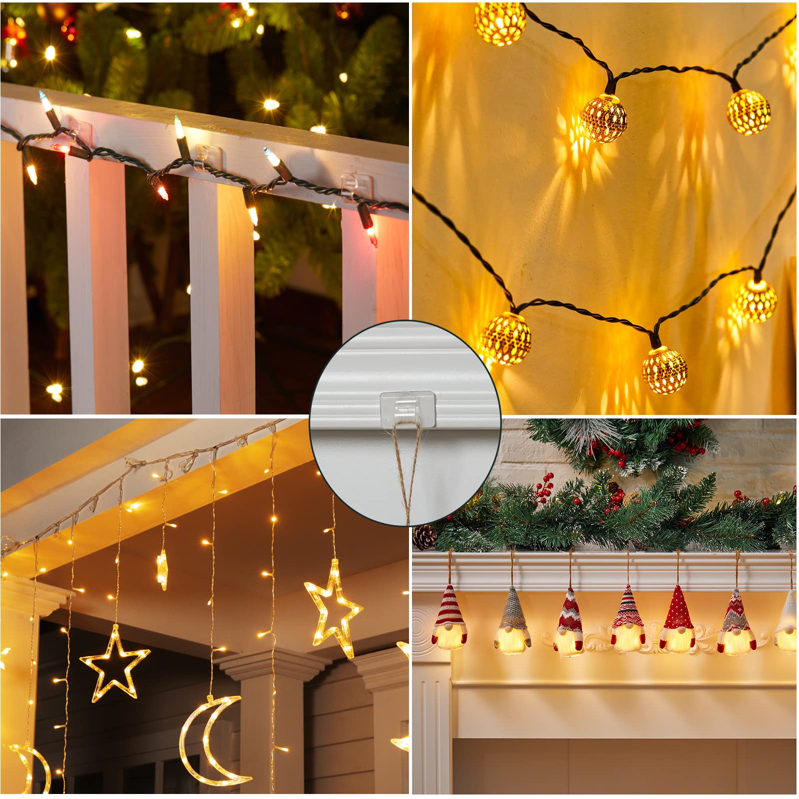 Brightown Clear Christmas Light Clips - 50 Pack with 60 Stickers, Strong Adhesive UV-Resistant Cable Clips for Indoor & Outdoor String Lights - Perfect for Holiday Decorations, Party Lights, and Garden Lighting