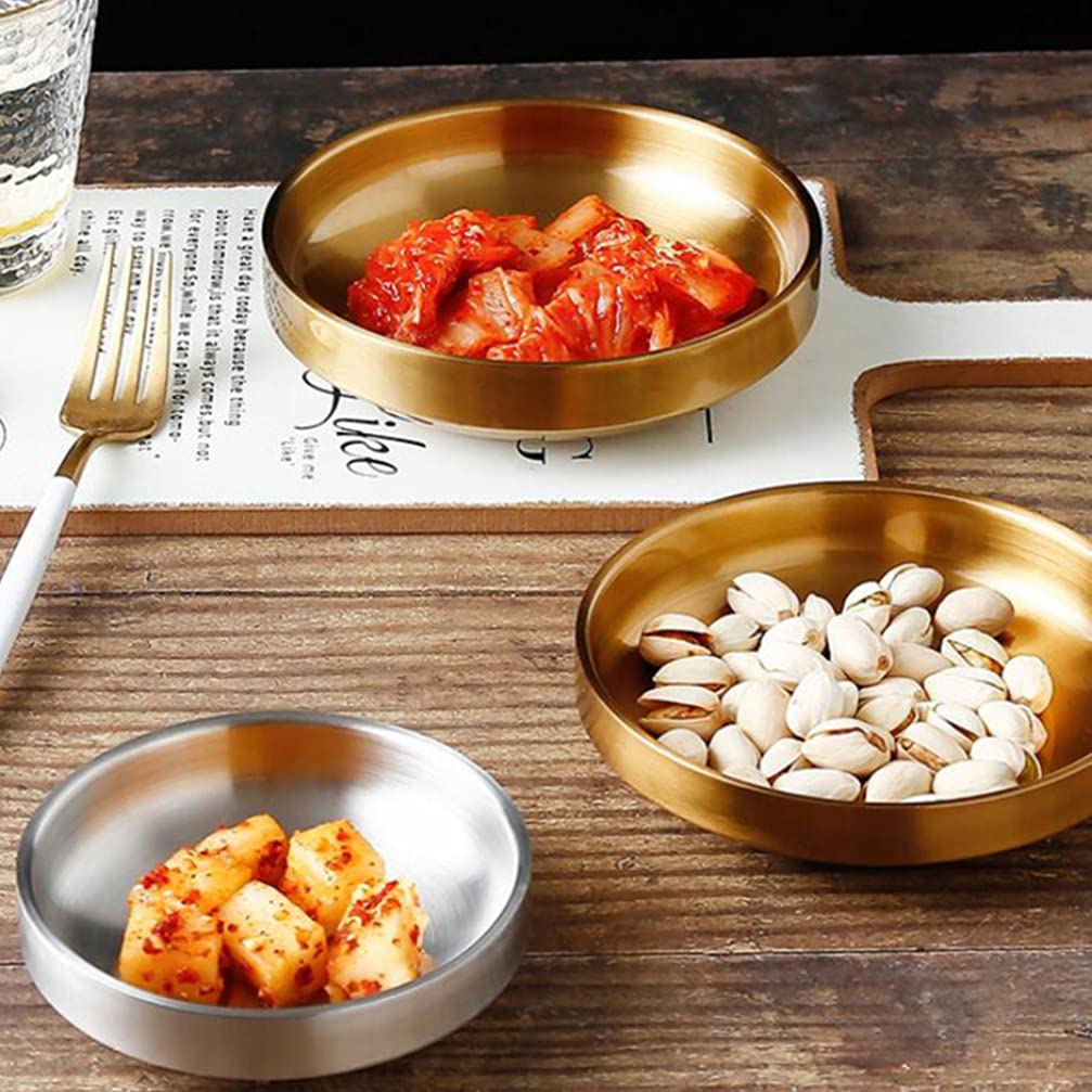 Hemoton 4-Piece Stainless Steel Double Layer Kimchi Bowls - Mixing Bowls for Appetizers, Dips, Sauces & Asian Spices - Perfect for Sushi, Korean Dishes & Food Tasting - Durable Metal Dipping Plates for Home & Restaurant Use