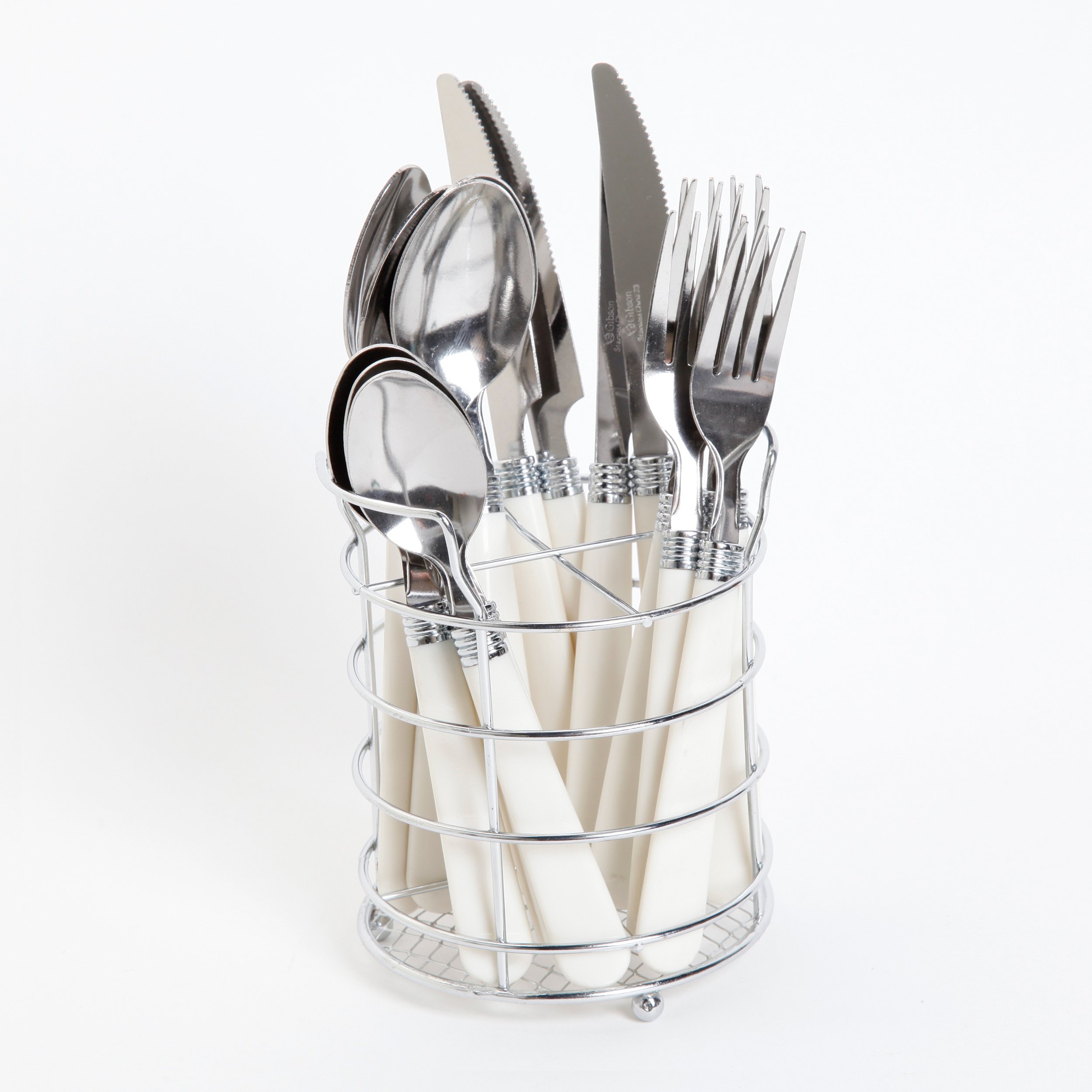 Gibson Sensations 16-Piece Stainless Steel Flatware Set with Metal Caddy - Includes Knives, Forks, Large & Small Spoons - Durable, Dishwasher Safe Silverware for Everyday Dining, Restaurants, and Parties (White)
