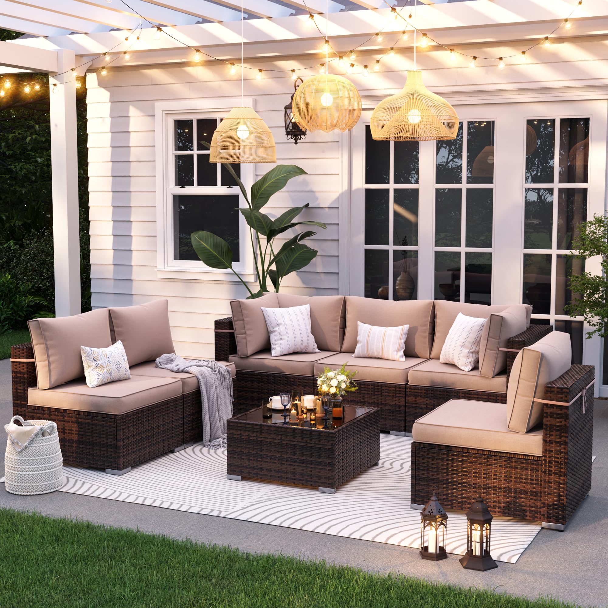 7-Piece Outdoor Patio Furniture Set with Waterproof Cover - All-Weather Wicker Sectional Sofa for Backyard, Brown with Beige Cushions - Perfect for Garden, Poolside & Outdoor Entertaining