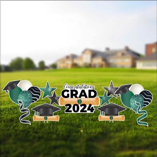 2024 Graduation Yard Decorations Set - 11 Pc Card Flair & Accessories with Stakes (Green Sparkle) | Outdoor Party Decor for Graduation Celebrations, Backyard Events & Photo Backdrops