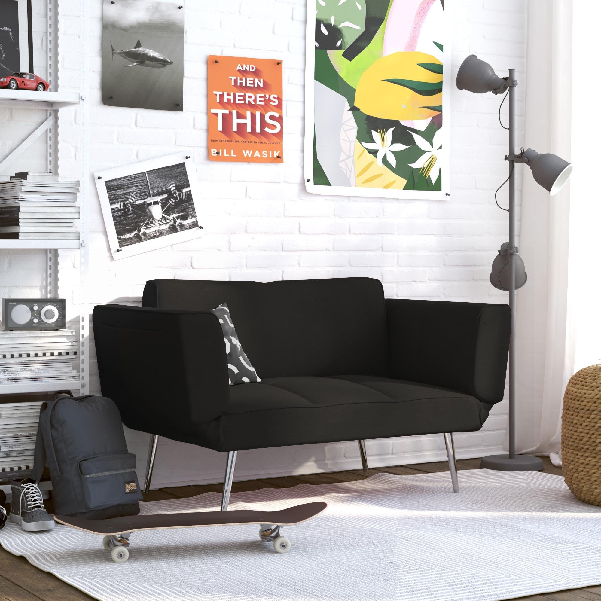 DHP Euro 60 Inch Futon Sofa Bed - Convertible Upholstered Couch Sleeper with Fold-Down Arms & Storage Pocket for Small Spaces, Black | Perfect for Studio Apartments, Guest Rooms & Home Offices