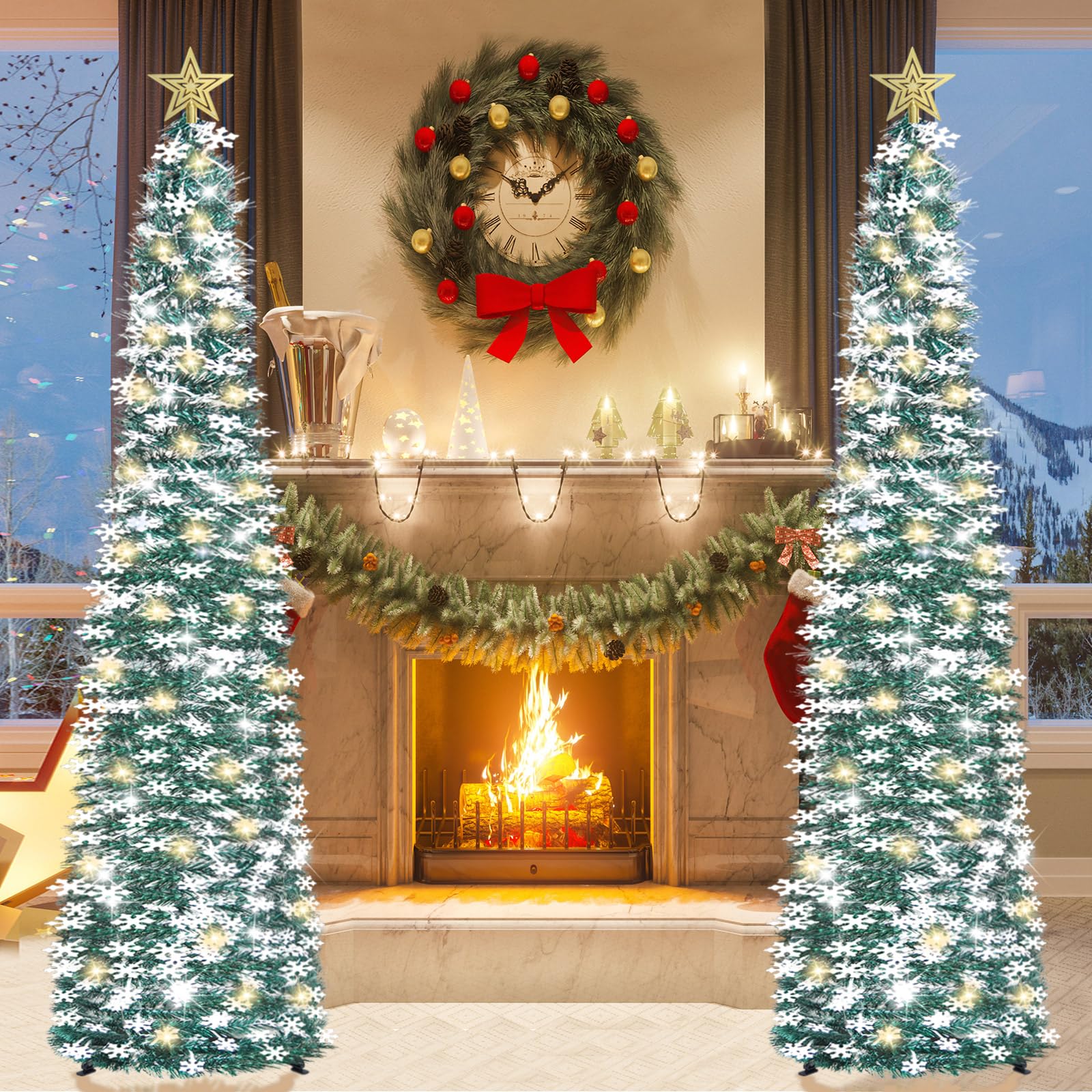 6 FT Pop Up Tinsel Christmas Tree with 100 LED Lights & Remote Control - Collapsible Artificial Pencil Tree with Snowflake Ornaments - USB Powered Timer Holiday Decor for Home, Office, Party | Perfect for Living Room, Bedroom, Christmas Party & Winter Festival Decorations