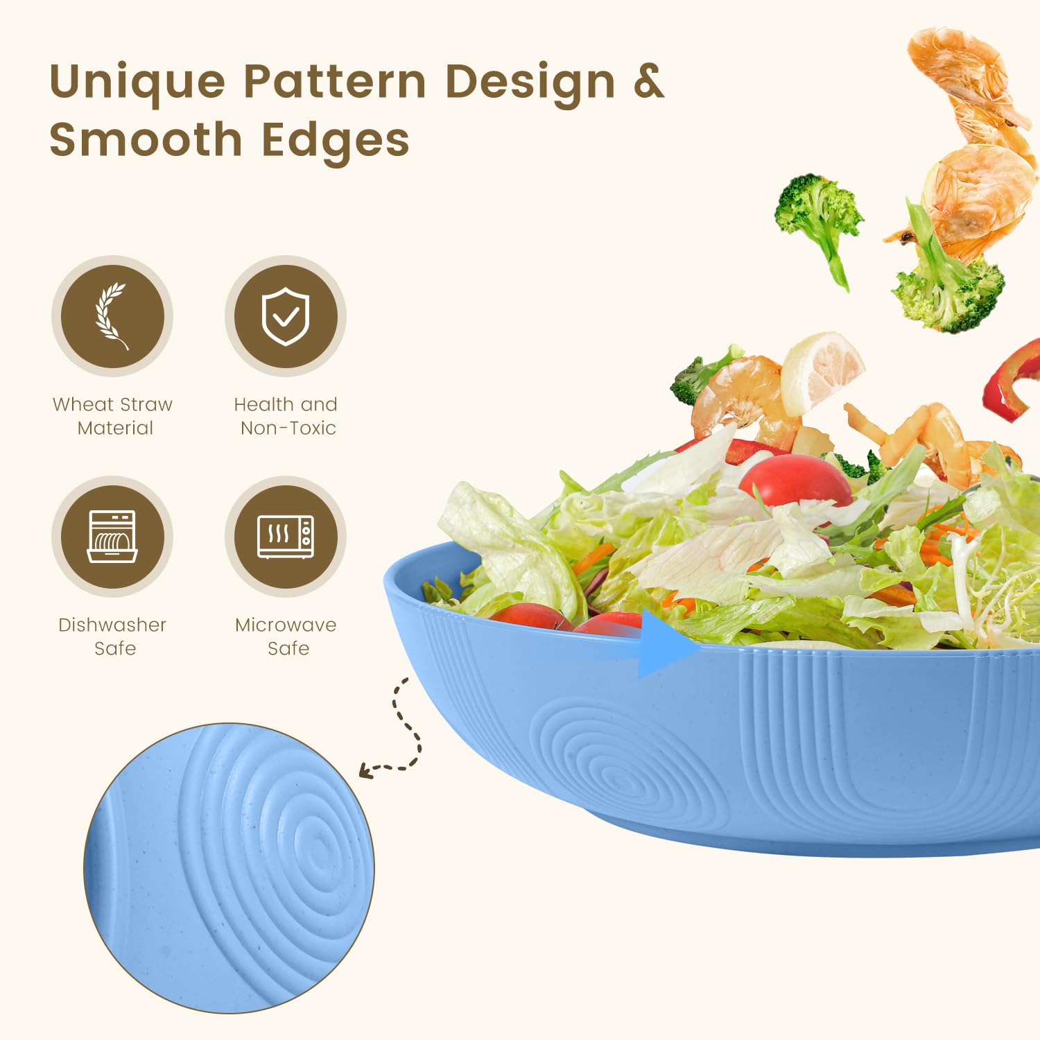 Eco-Friendly Wheat Straw Salad Bowls Set of 6 - 10 Inch Large Serving Bowls (65 oz) | Microwave & Dishwasher Safe Wide Shallow Bowls for Kitchen, Parties & Picnics - Sky Blue