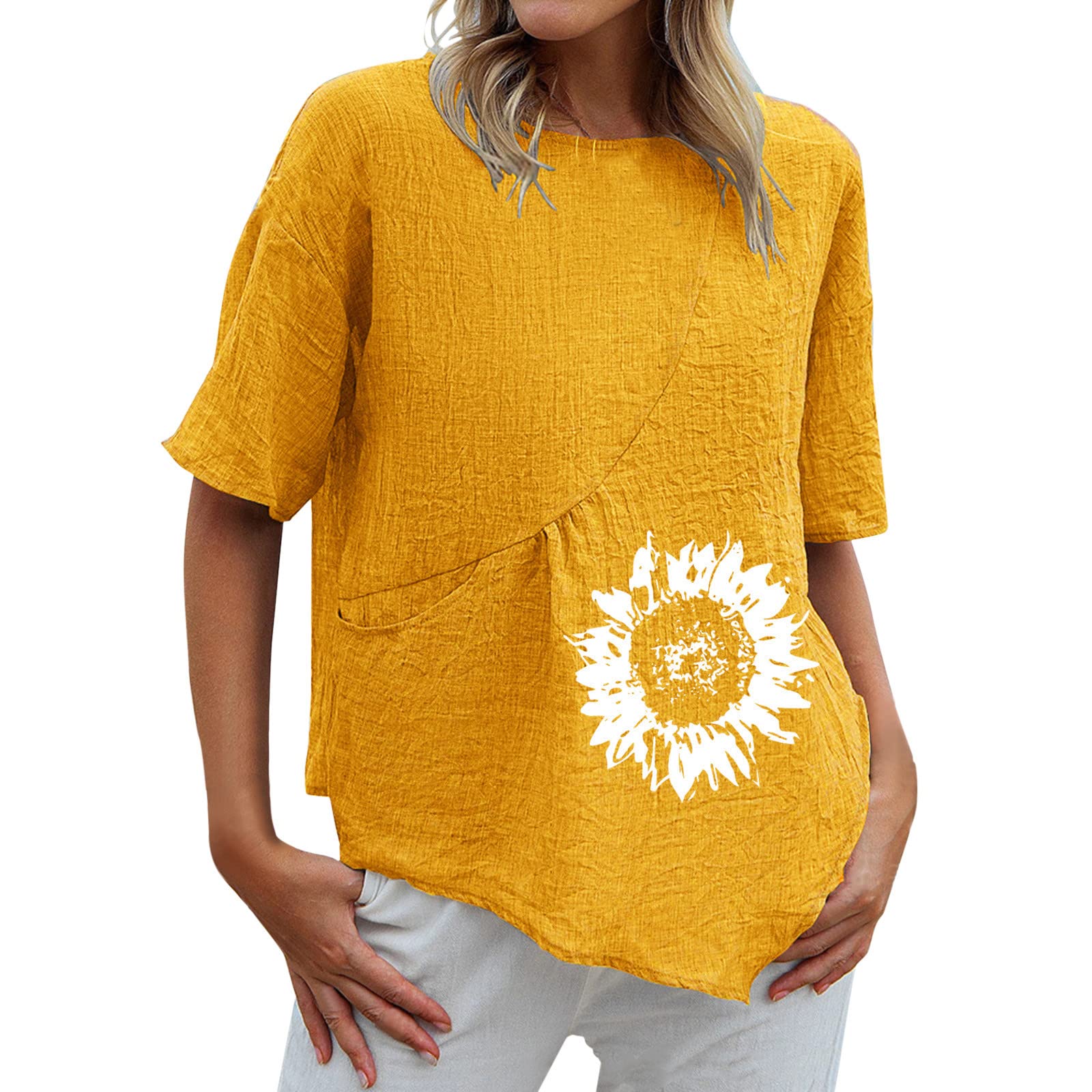 Oversized Women's T-Shirts - Cat Print Crew Neck Short Sleeve Cotton Linen Tee Blouse for Summer | Casual Wear, Vacation Outfits & Lounge Comfort