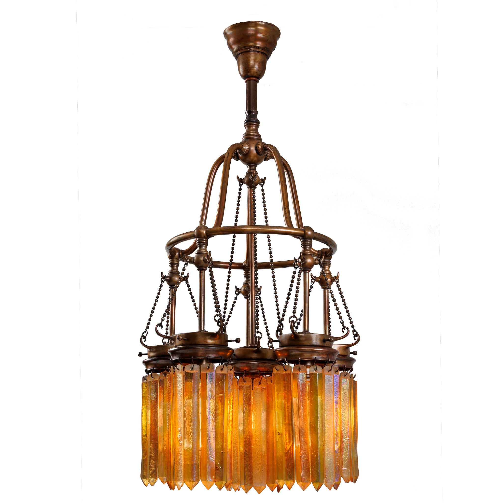 Tiffany Studios New York Five-Light Prism Chandelier - Vintage Stained Glass Ceiling Light Fixture for Dining Room, Living Room & Bedroom Decor