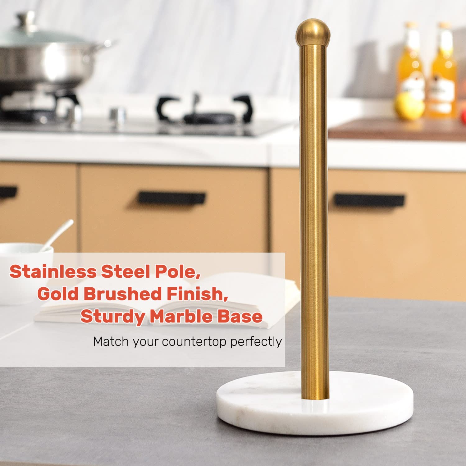 Heavy Duty Weighted Paper Towel Holder - One-Handed Kitchen Paper Towel Dispenser with Sturdy Base for Standard & Mega Rolls (Brushed Gold) | Perfect for Kitchens, Bathrooms & Office Spaces