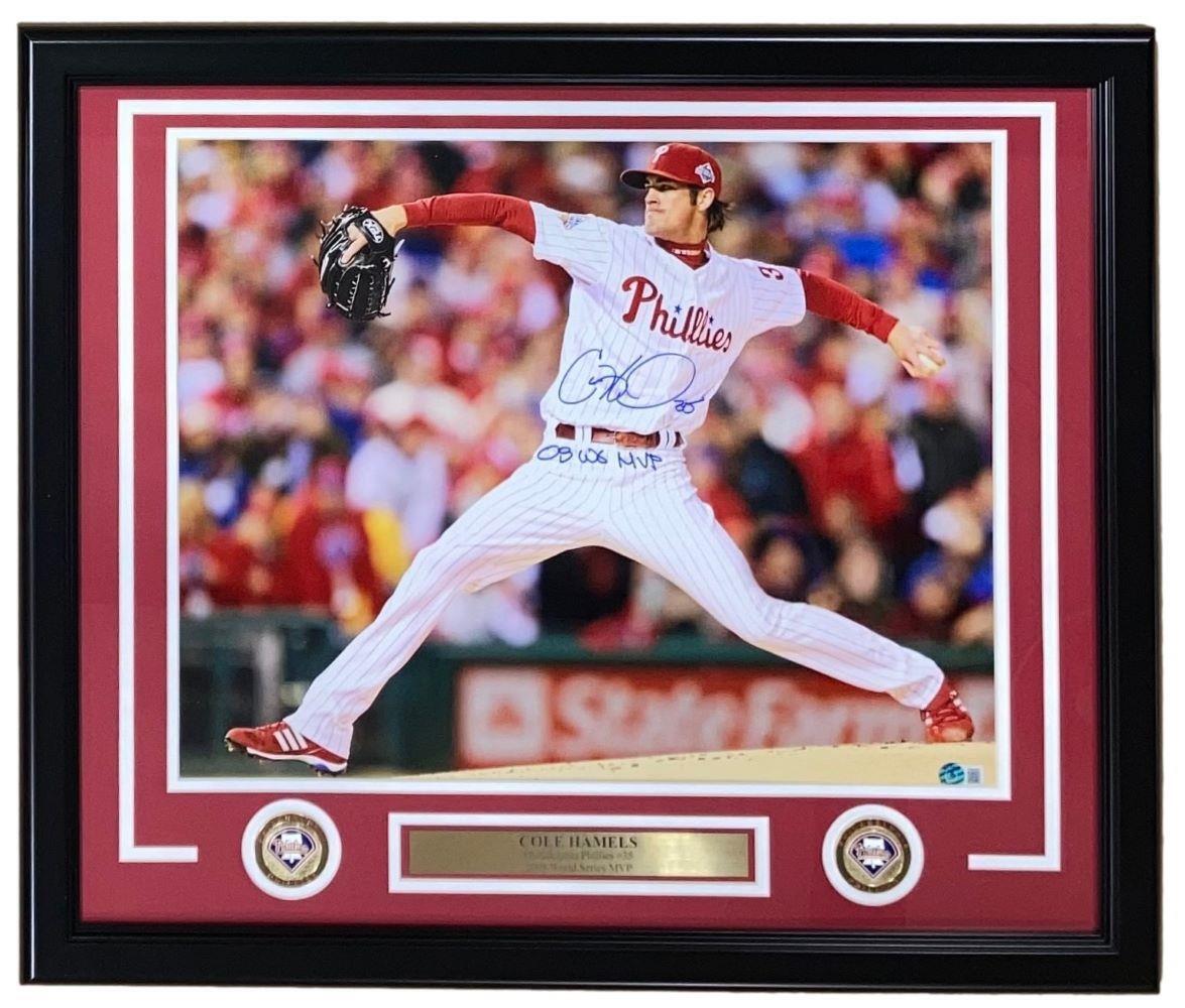 Cole Hamels Autographed 16x20 Framed Photo - 2008 Phillies World Series MVP Inscribed BAS ITP - Perfect for Sports Memorabilia Collectors and Phillies Fans