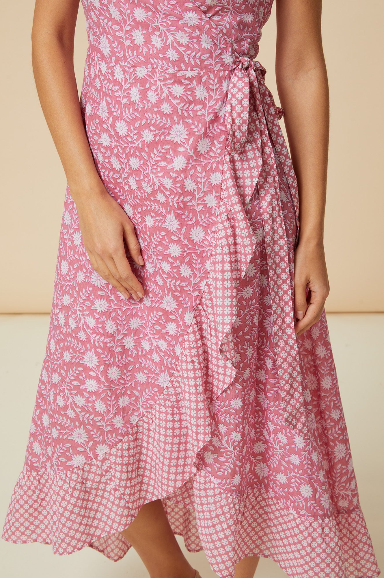 Stylish Demi Cotton Wrap Dress in Primula Pink & White - Perfect for Casual Outings, Date Nights, and Summer Vacations