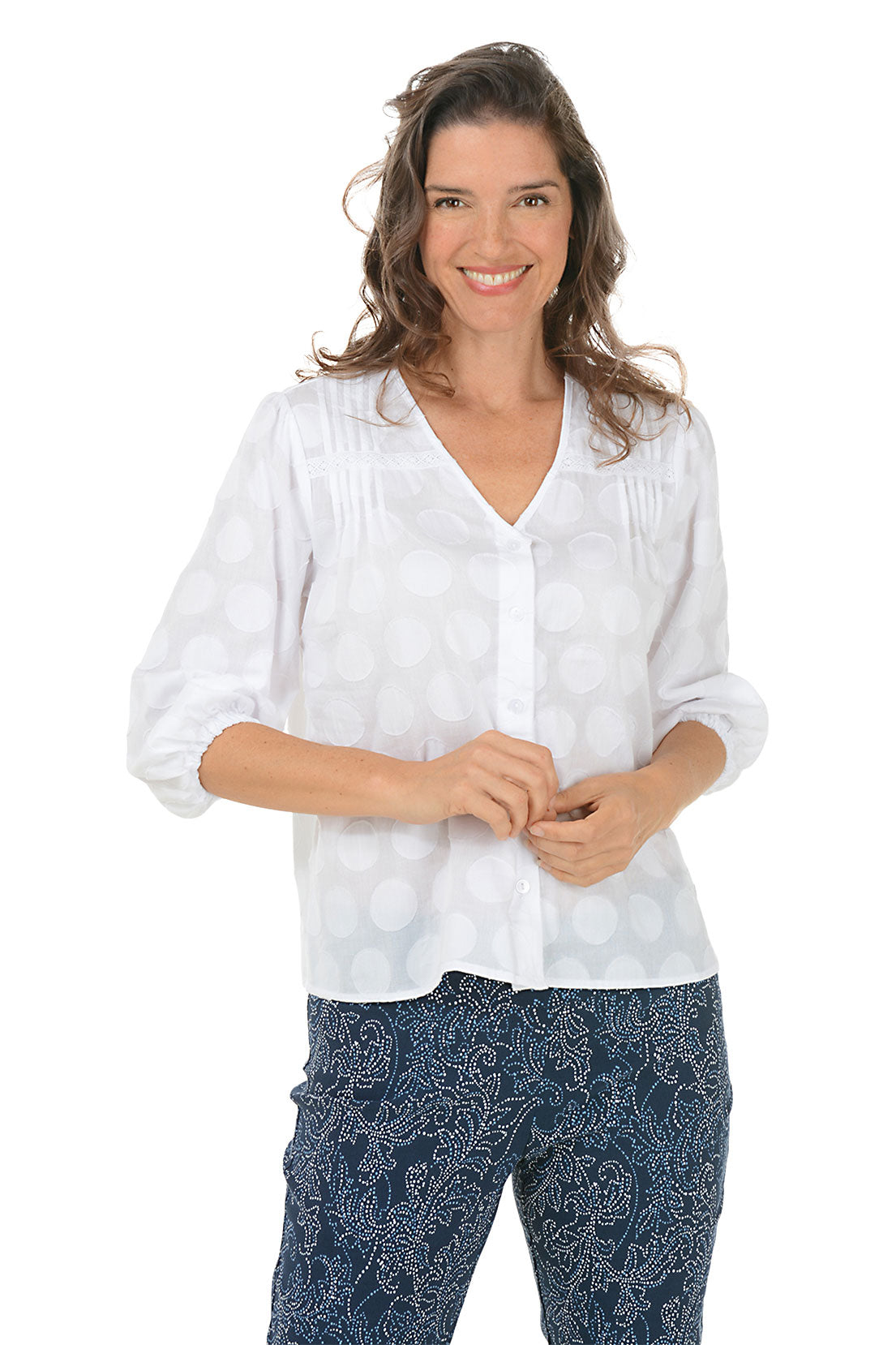 Dobby Dot Button Front Blouse for Women - Stylish Floral Print Top for Casual Wear & Office Outfits | Perfect for Spring & Summer Fashion