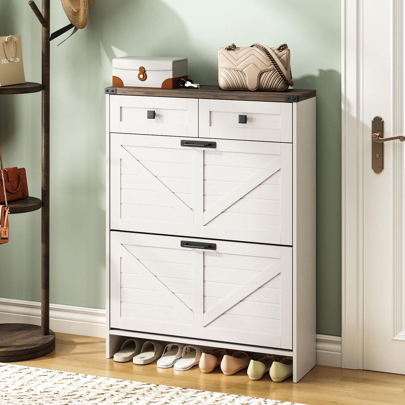 Farmhouse Shoe Storage Cabinet with 2 Flip Drawers & 2 Drawers - Slim Freestanding Entryway Organizer for Front Door - White | Perfect for Small Spaces, Hallway & Apartment Entry Organization