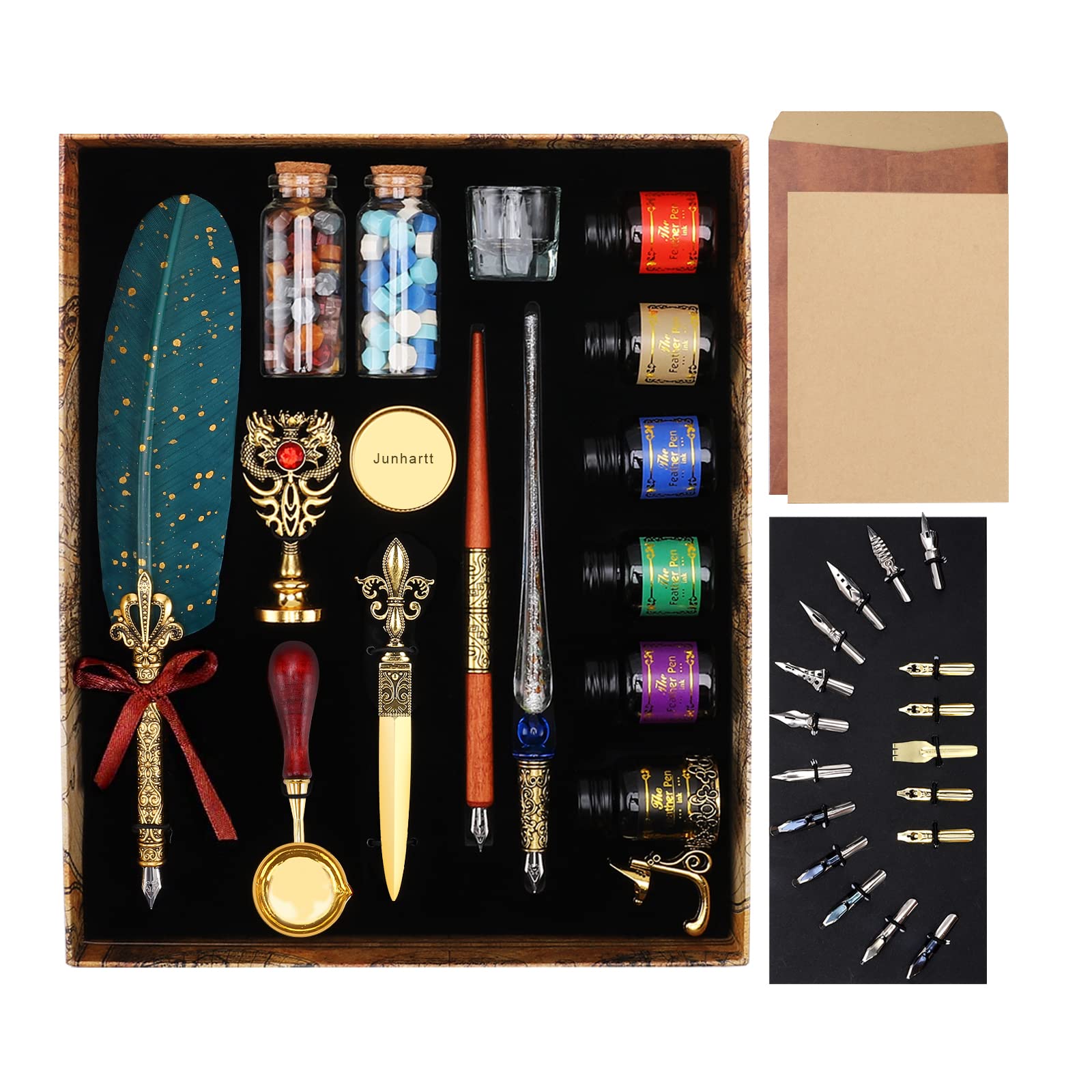 Elegant Green Quill Feather Pen & Ink Set - Glass Dip Calligraphy Pen with Wax Seal Stamp Kit for Vintage Letter Writing & Wedding Invitations