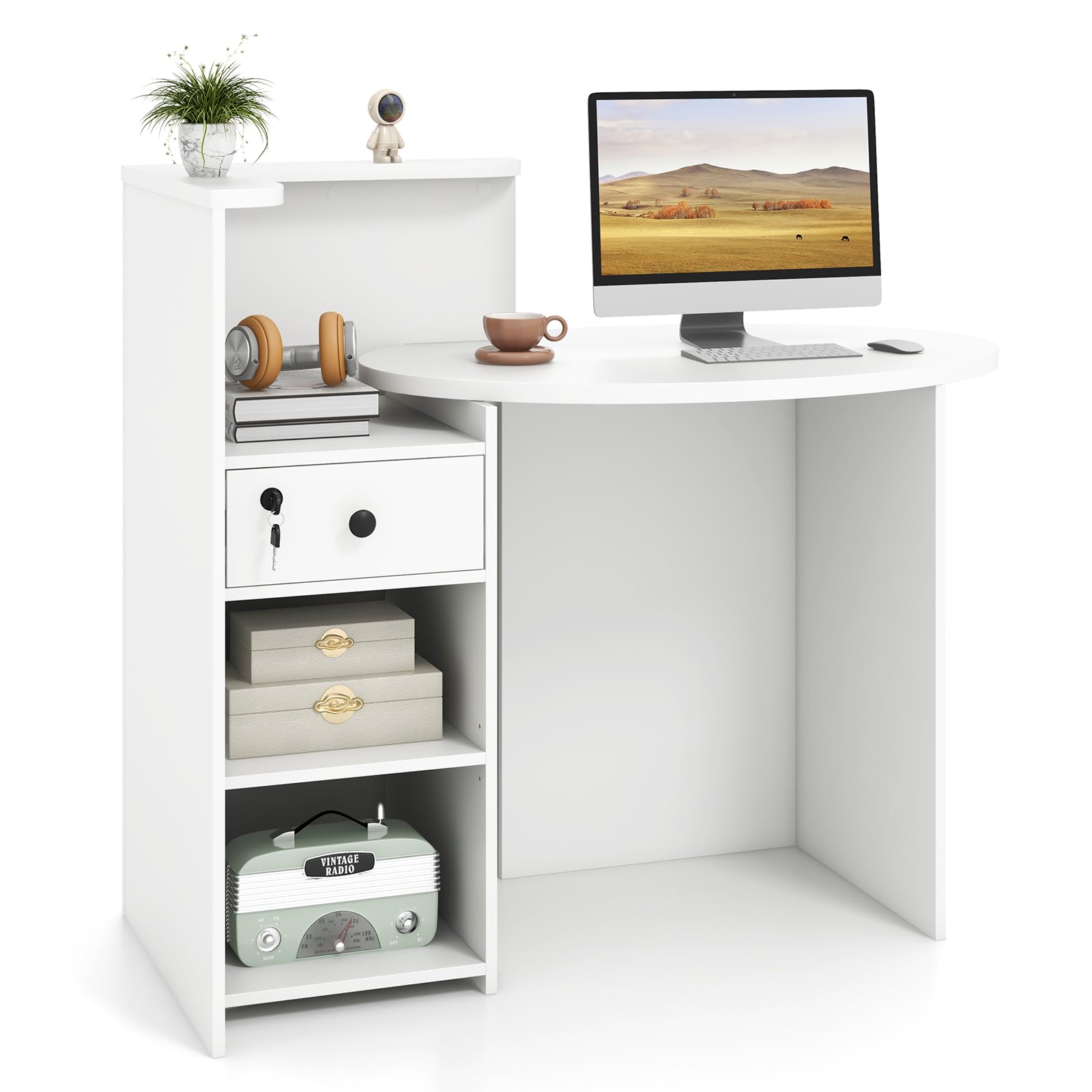 Tangkula Reception Desk with Lockable Drawer & Adjustable Shelf - Oval Desktop Retail Counter for Checkout - Computer Workstation for Salon, Lobby, Home Office - Perfect for Business, Retail Stores & Professional Spaces