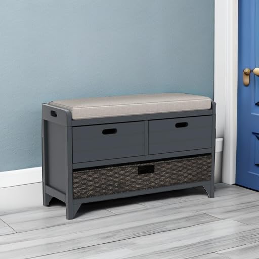 SOFTSEA Upholstered Storage Bench with Removable Basket & 2 Drawers - Farmhouse Entryway Shoe Bench with Seat Cushion, Fully Assembled Ottoman for Living Room, Bedroom, Hallway - Navy Blue Home Organization Solution