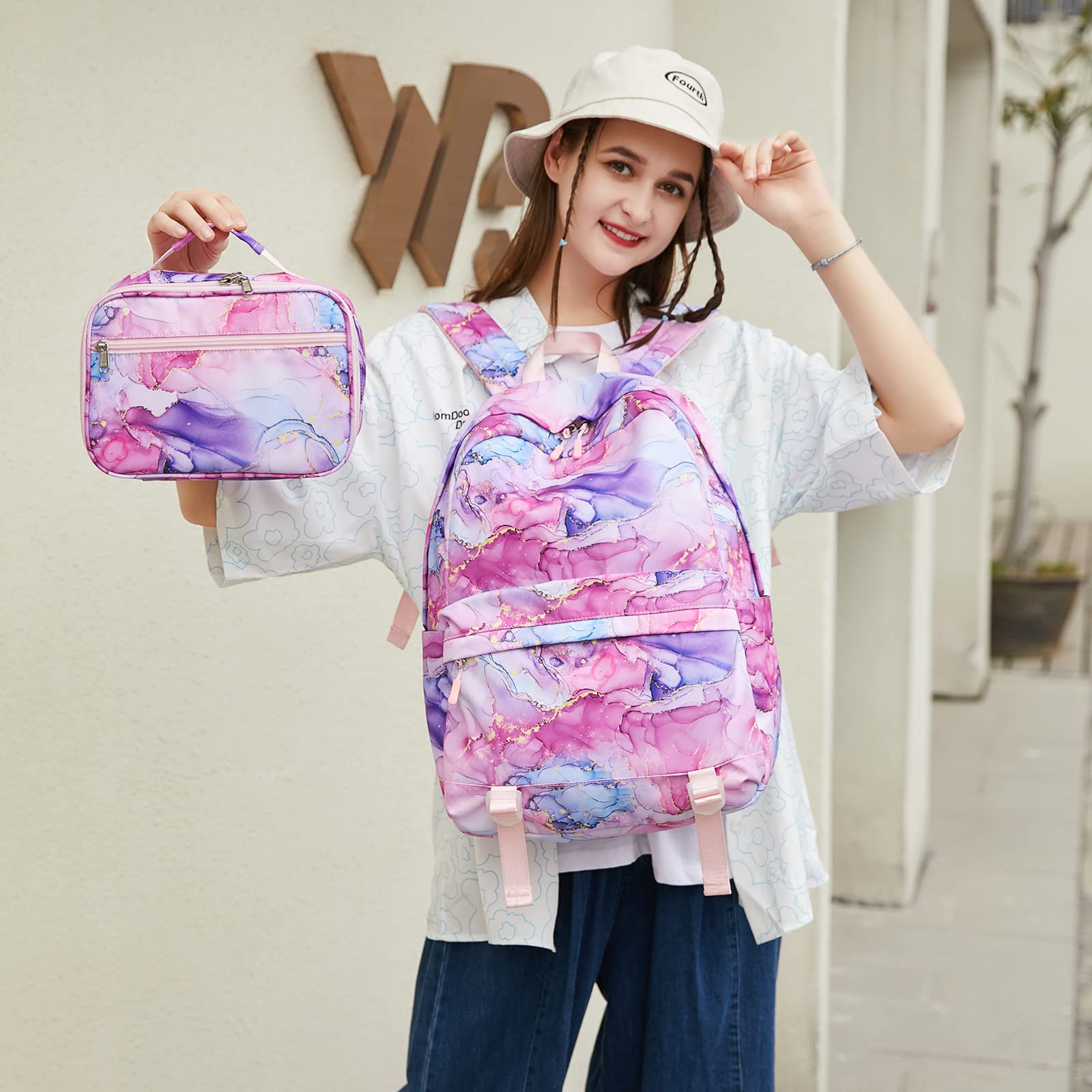 Stylish Marble Print Backpack for Girls - Waterproof School Backpack with Insulated Lunch Box Set - Cute Bookbag for Preschool, Elementary & Middle School Students - Perfect for Daily Use, Field Trips & Travel