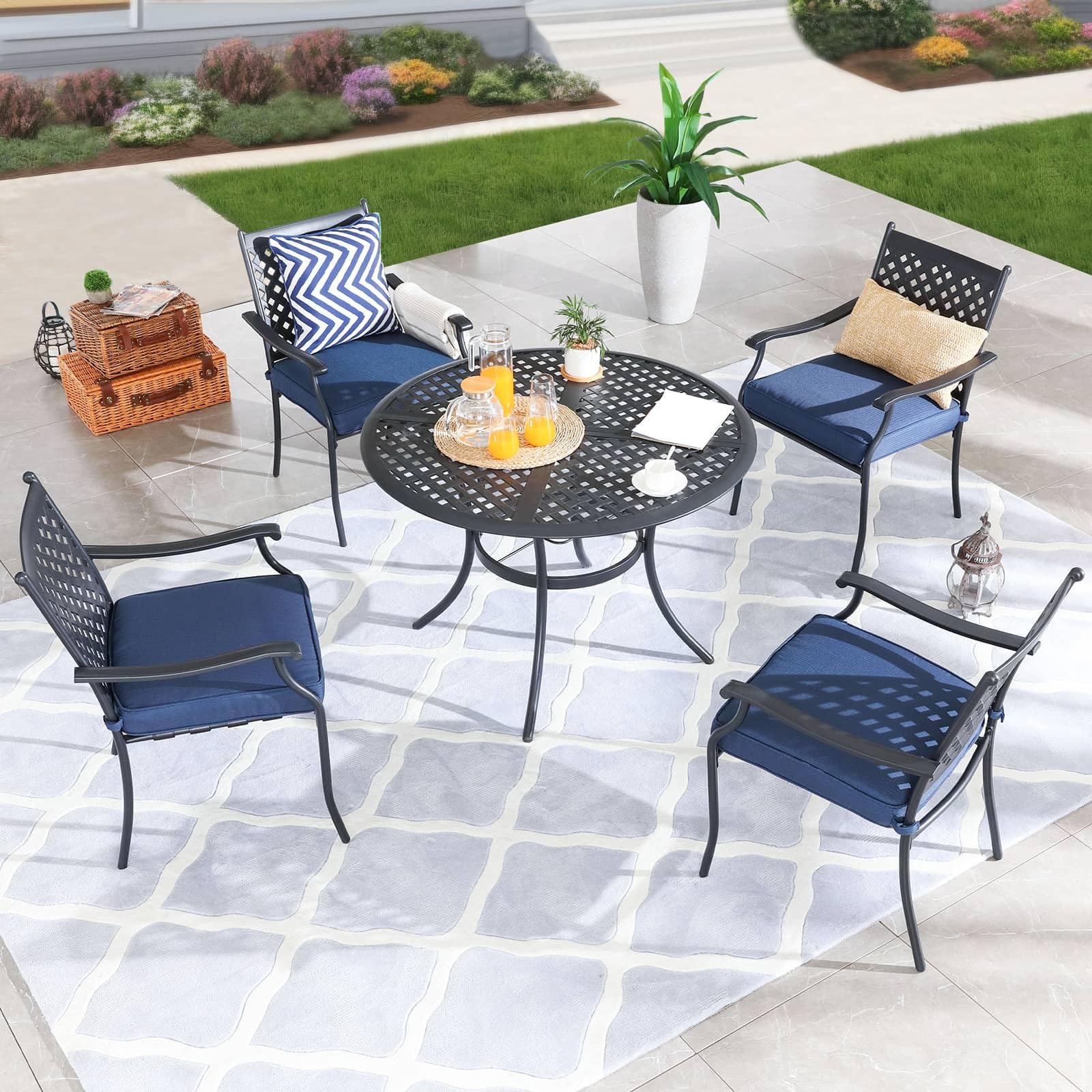 PatioFestival 5-Piece Heavy Duty Outdoor Dining Set with Round Table & 4 Stackable Chairs - Durable Indoor/Outdoor Patio Furniture for Backyard, Garden, Poolside & Restaurant Use