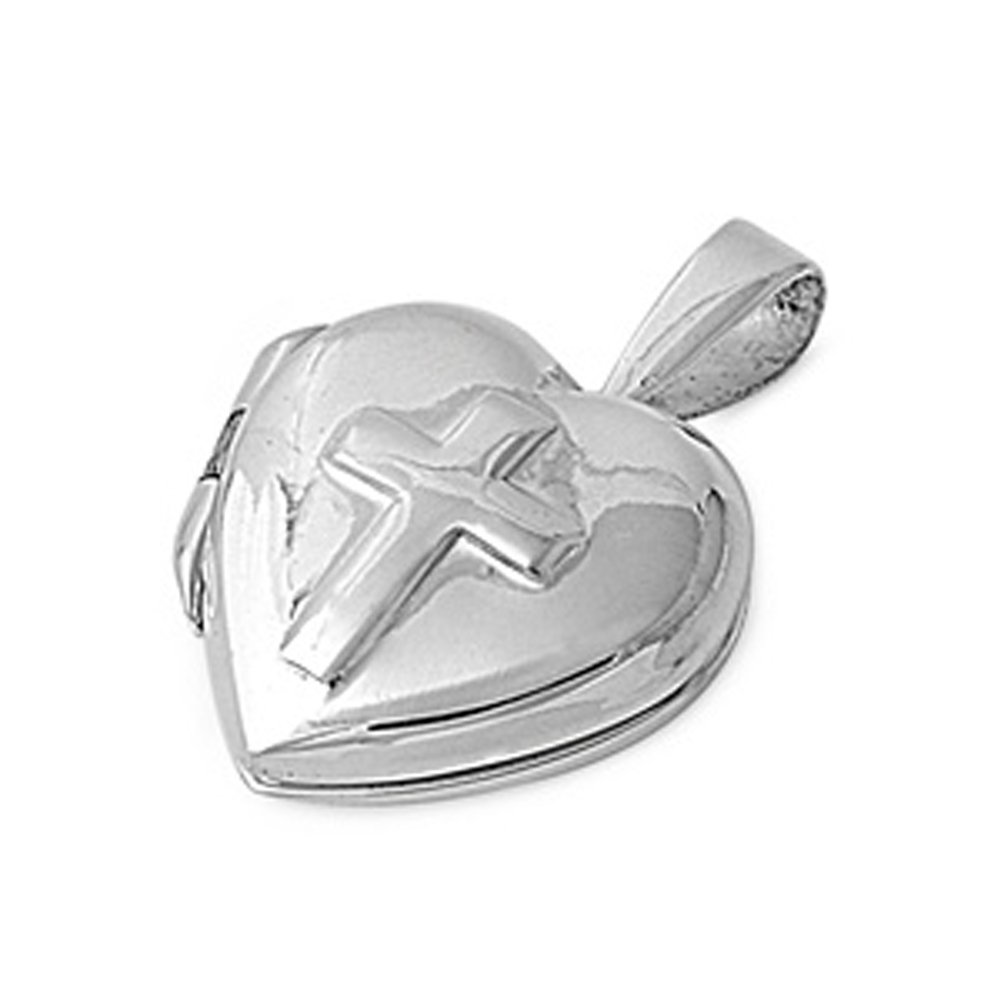 925 Sterling Silver Cross & Heart Locket Pendant - High Polish Puffed Charm for Women, Gift for Valentine's Day, Baptism, Anniversary & Special Occasions