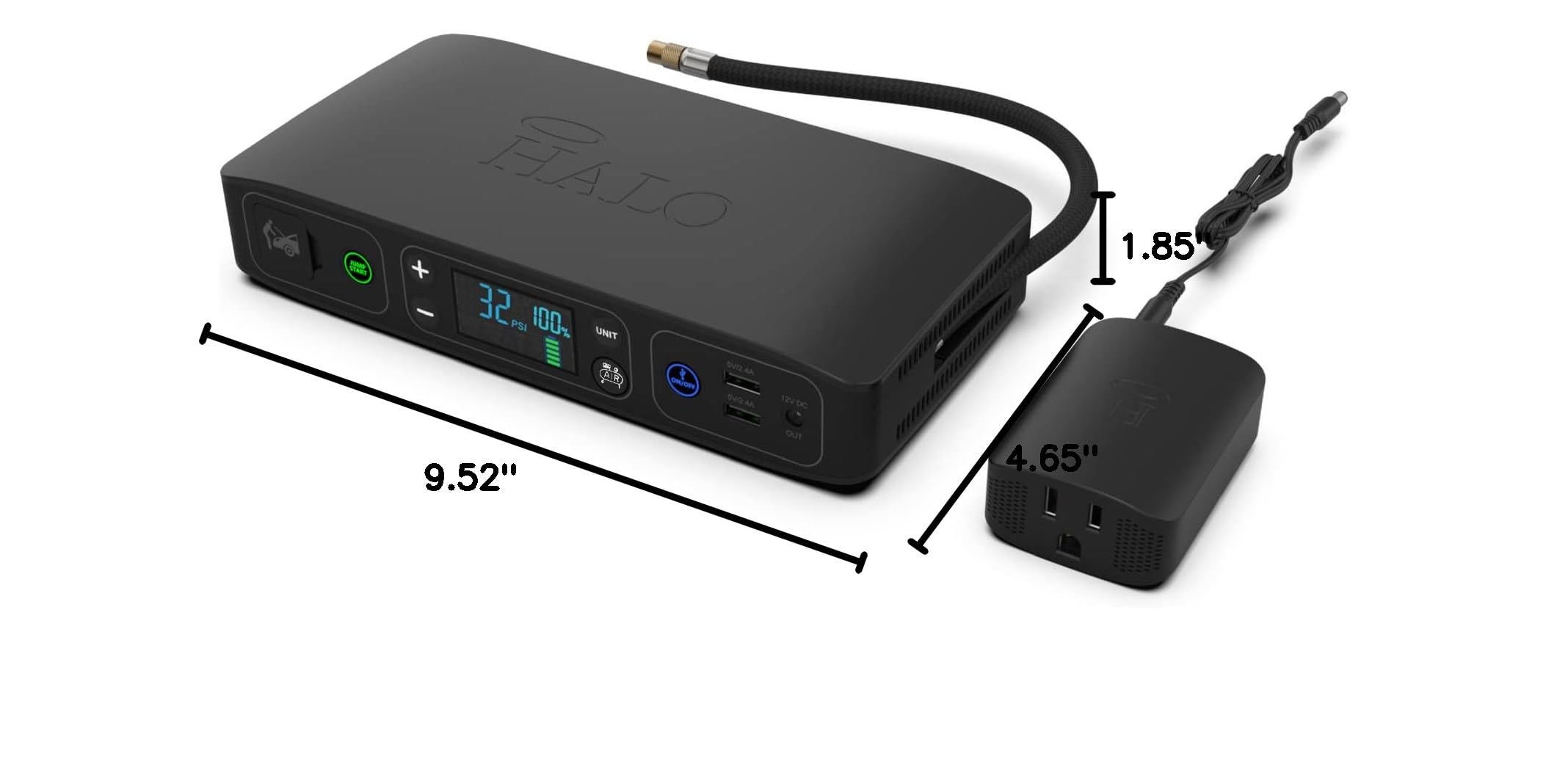 HALO Bolt Air+ Portable Car Jump Starter with Built-in Air Compressor, 58800mAh Power Bank with Digital Display for Phones & Tablets - Emergency Vehicle Battery Booster & AC Inverter for Road Trips & Outdoor Adventures