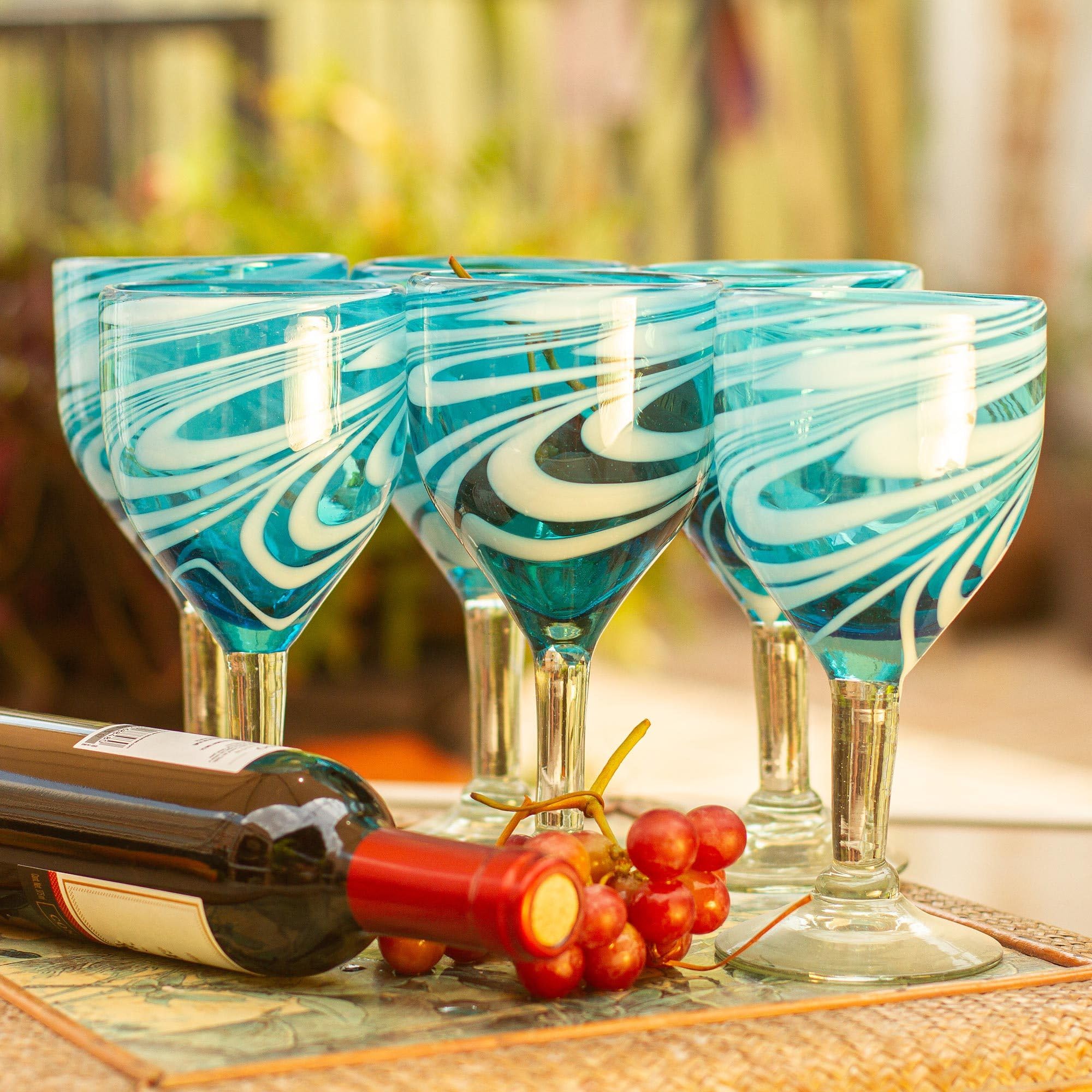 NOVICA Hand Blown Blue Glass Wine Glasses Set of 6 - 12 Oz Large 'Whirling Aquamarine' - Perfect for Dinner Parties, Wedding Gifts & Home Decor